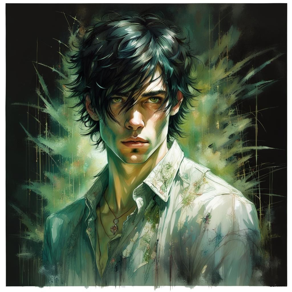 black hair, white at the front, full body young man with gre...