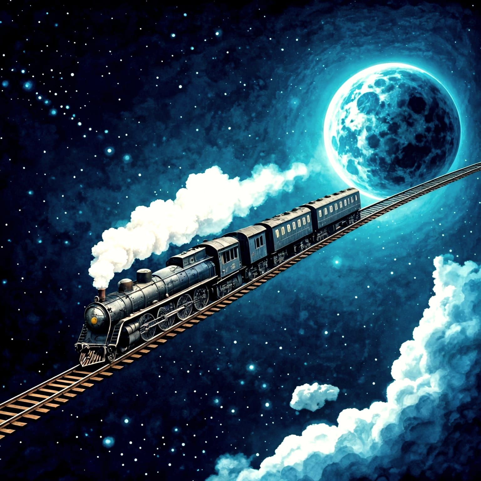 Train Chugs to the Moon in Whimsical Watercolour Style