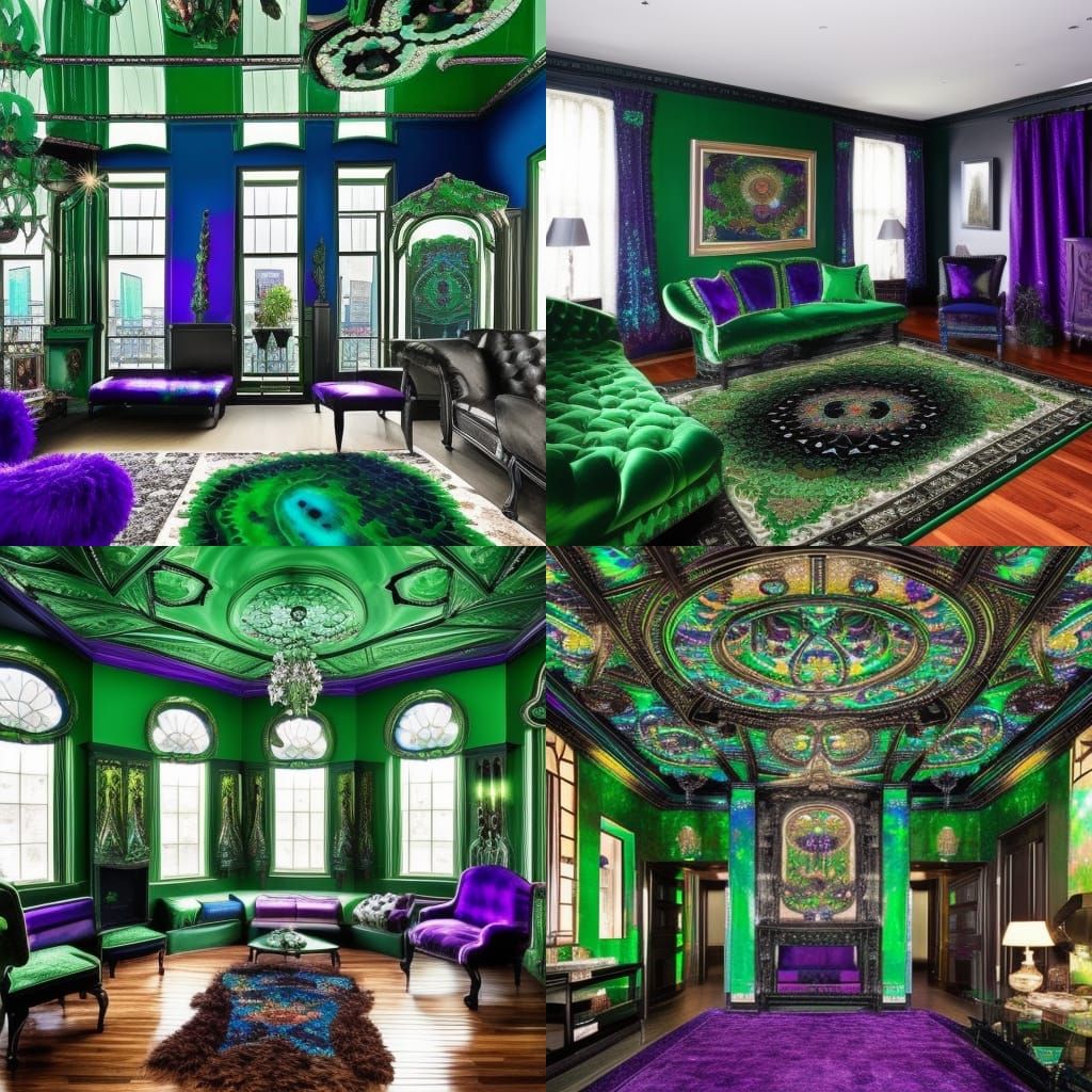 Emerald green fractals walls penthouse with Emerald green fractals walls with Black opal accents& Rainbow moonstone acce...