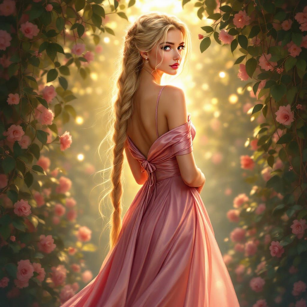 Ethereal Princess Rapunzel in Silk Gown in Garden