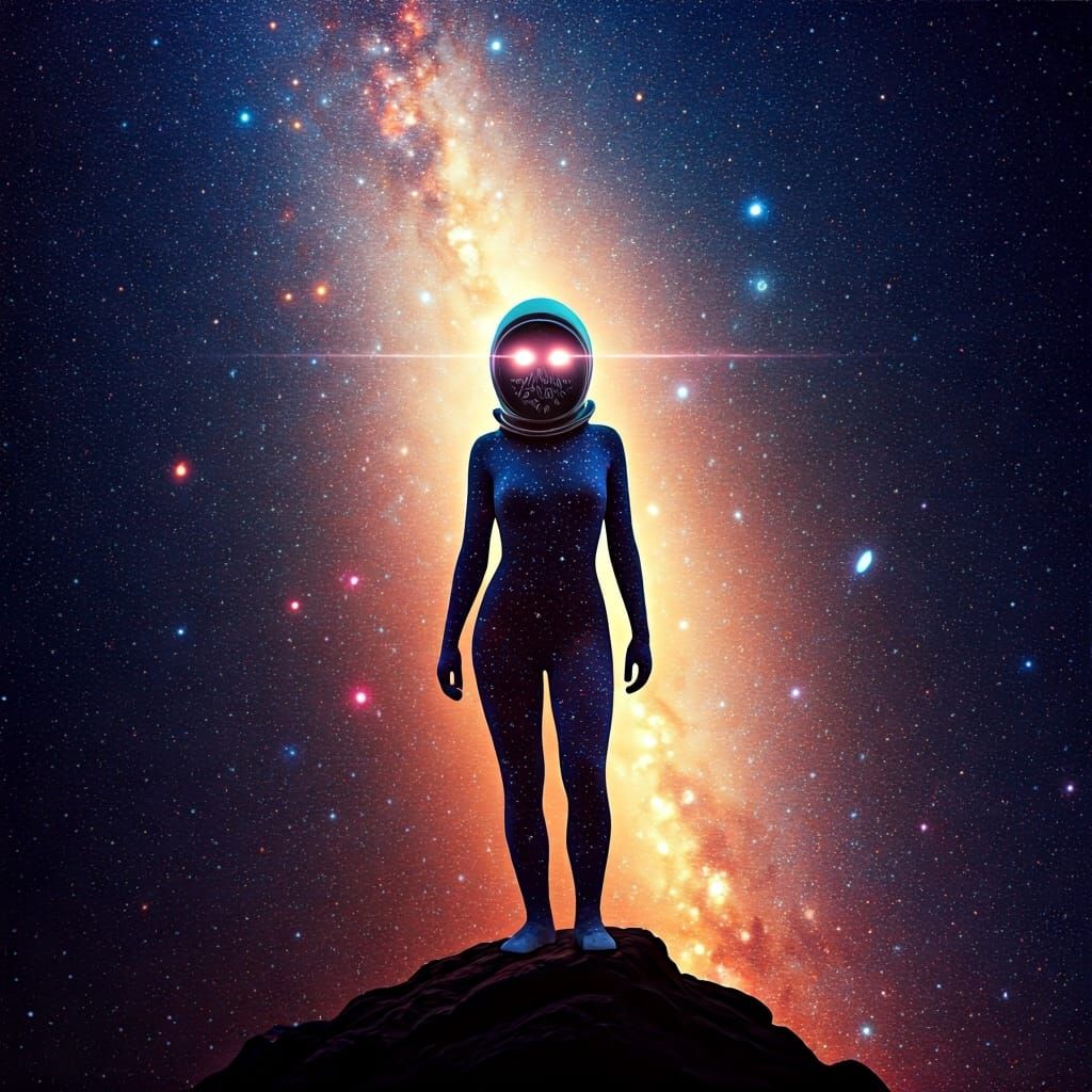 Masked Woman with Glowing Eyes in Cosmic Scene