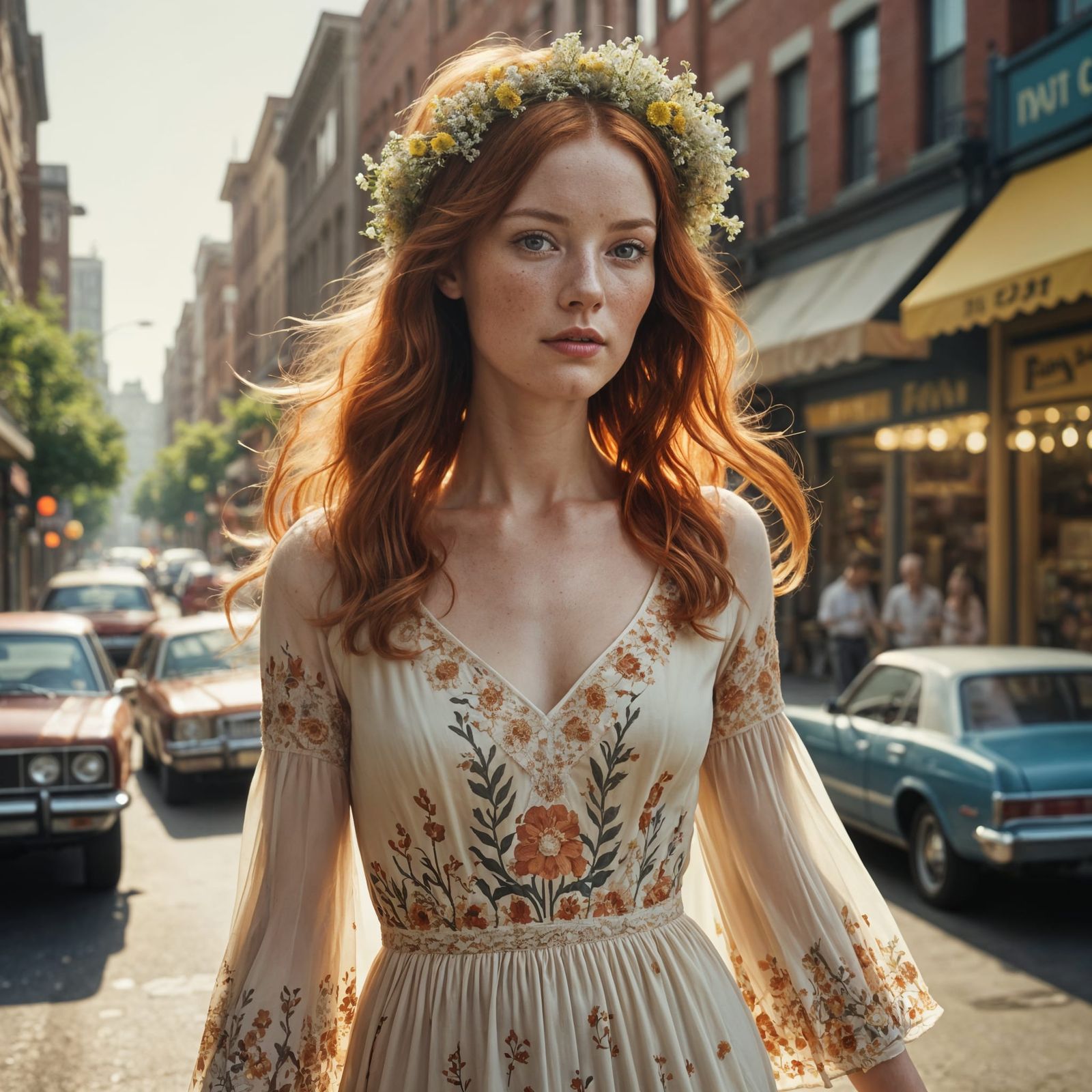 Retro Hippie Goddess Strolls 70s Cityscape