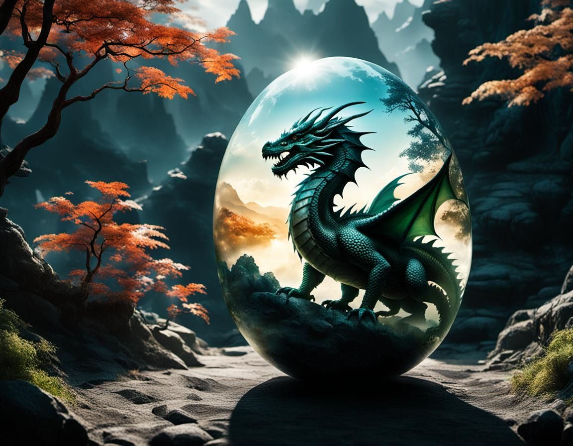 Magical Dragon World Behind Dragon Egg Silhouette
