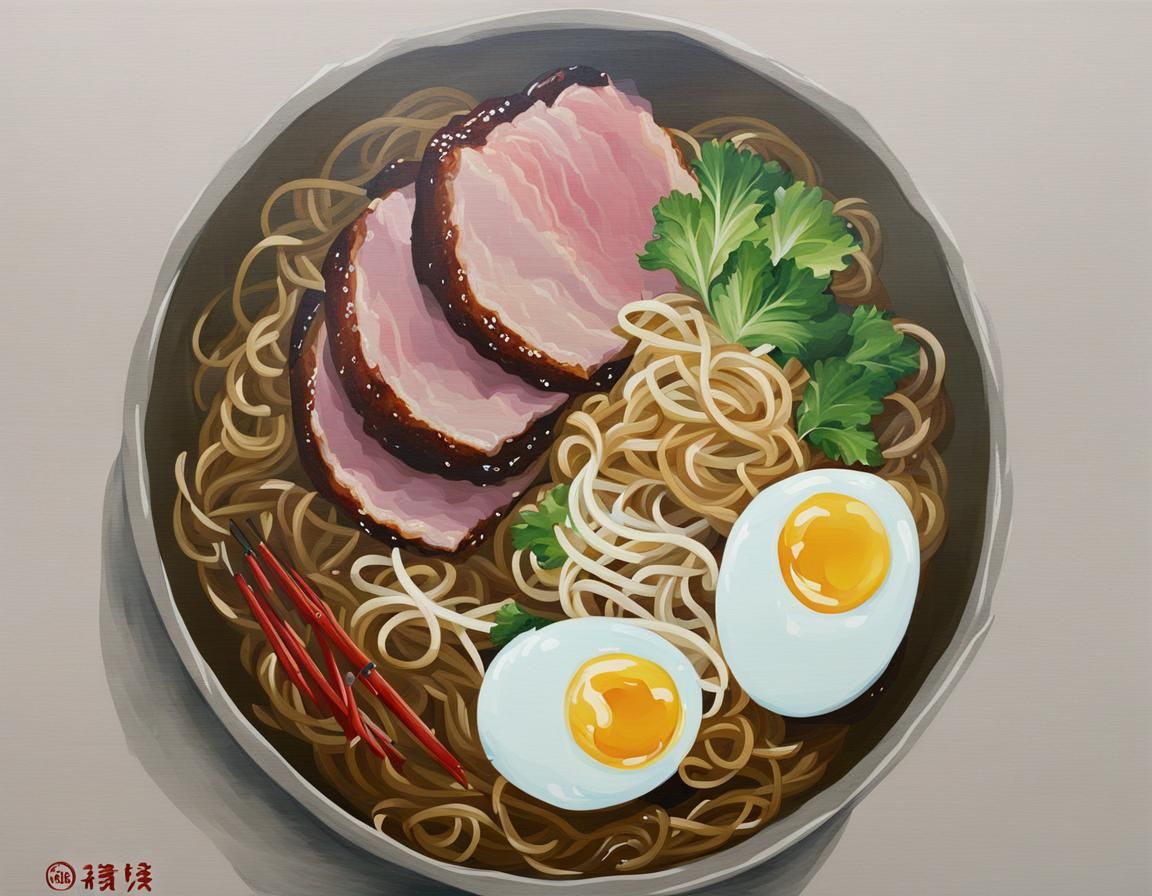 Ramen with Egg and Pork in Vibrant Oil Painting