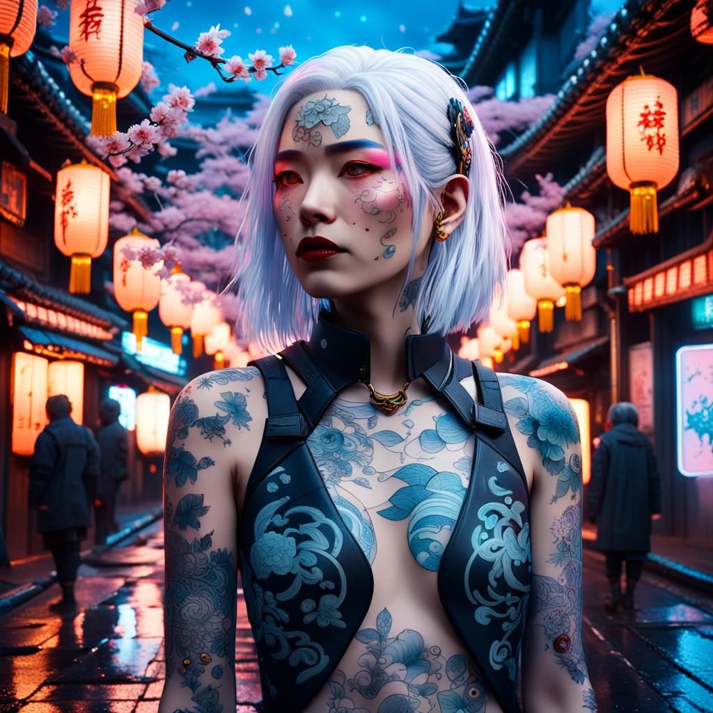 Cyberpunk Tattooed Woman in Mystical Cityscape