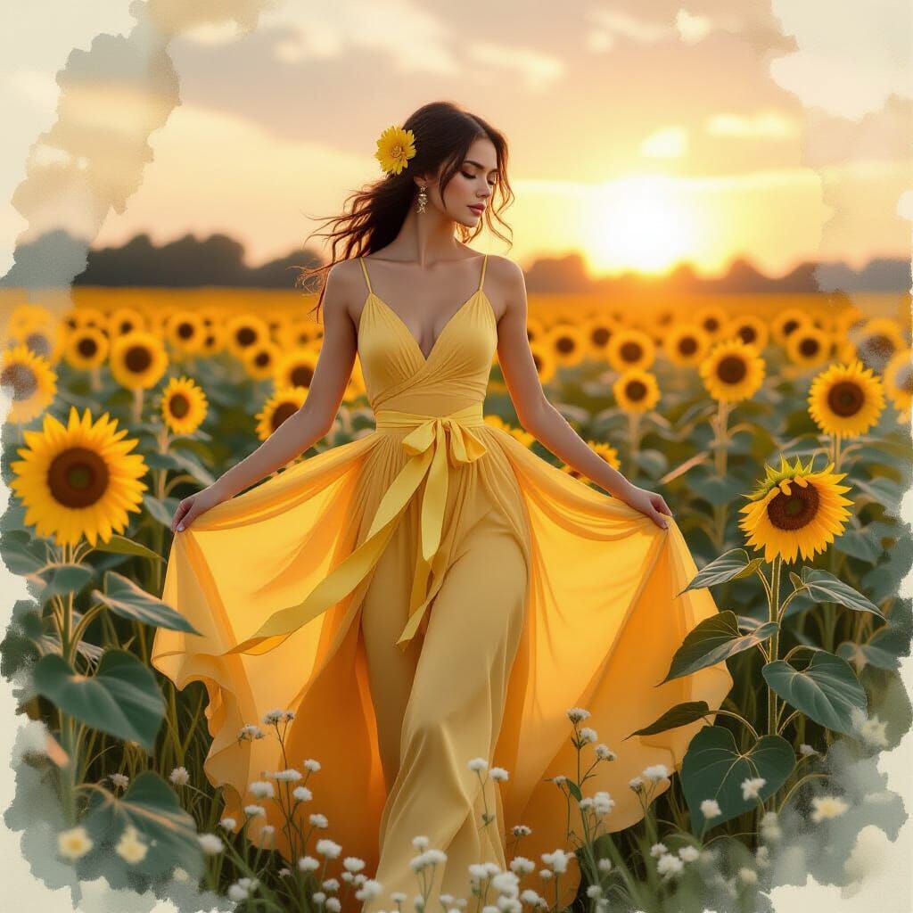 Girl in Yellow Dress with Sunflowers, Watercolor Collage