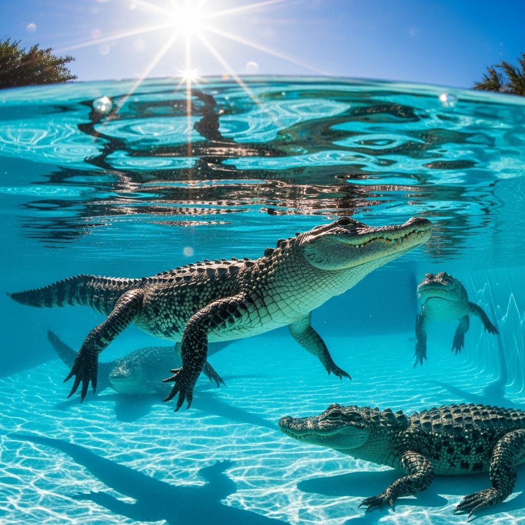 Alligators Sunbathing in a Crystal Clear Swimming Pool
