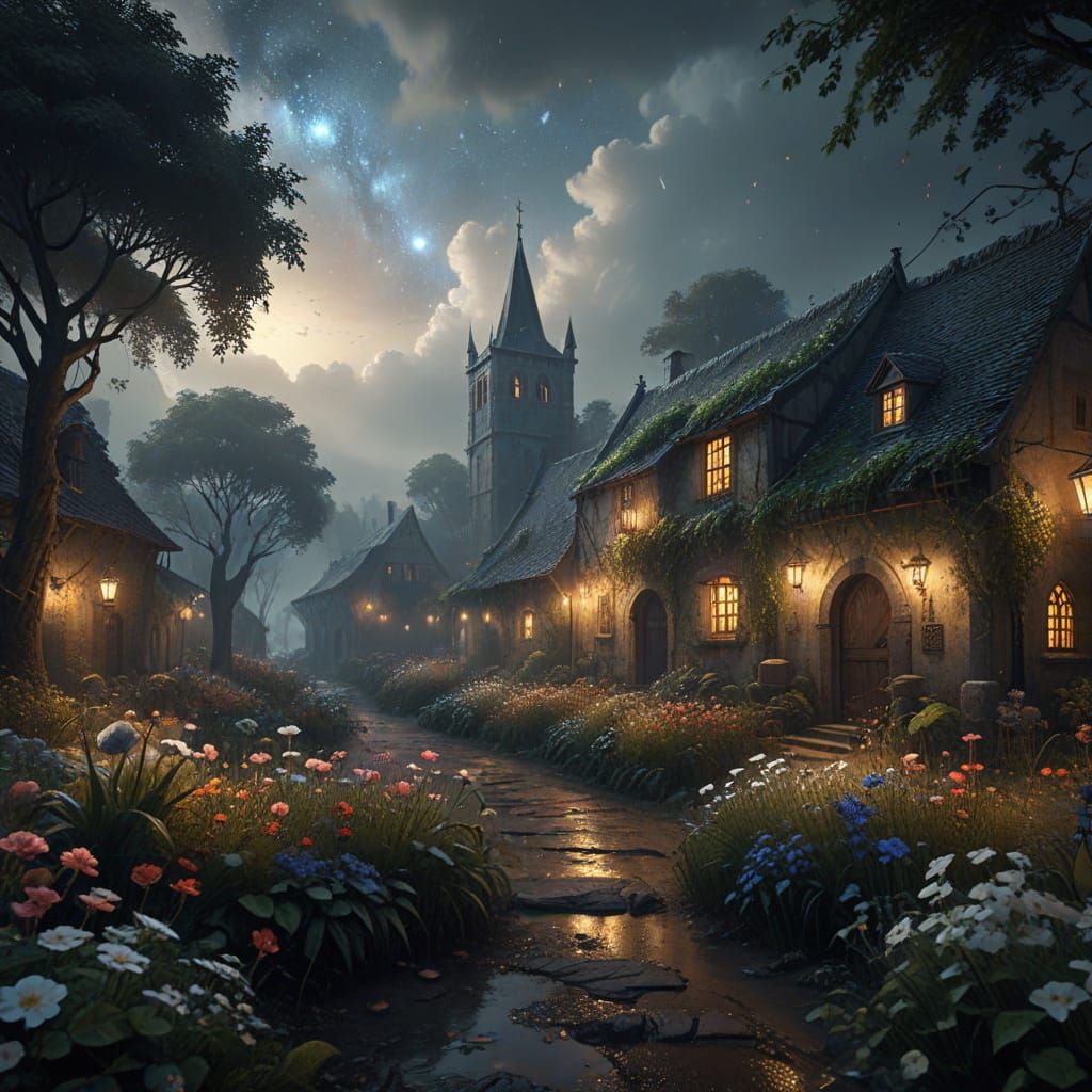 Misty Garden Obscuring Medieval Village with Glowing Leaves