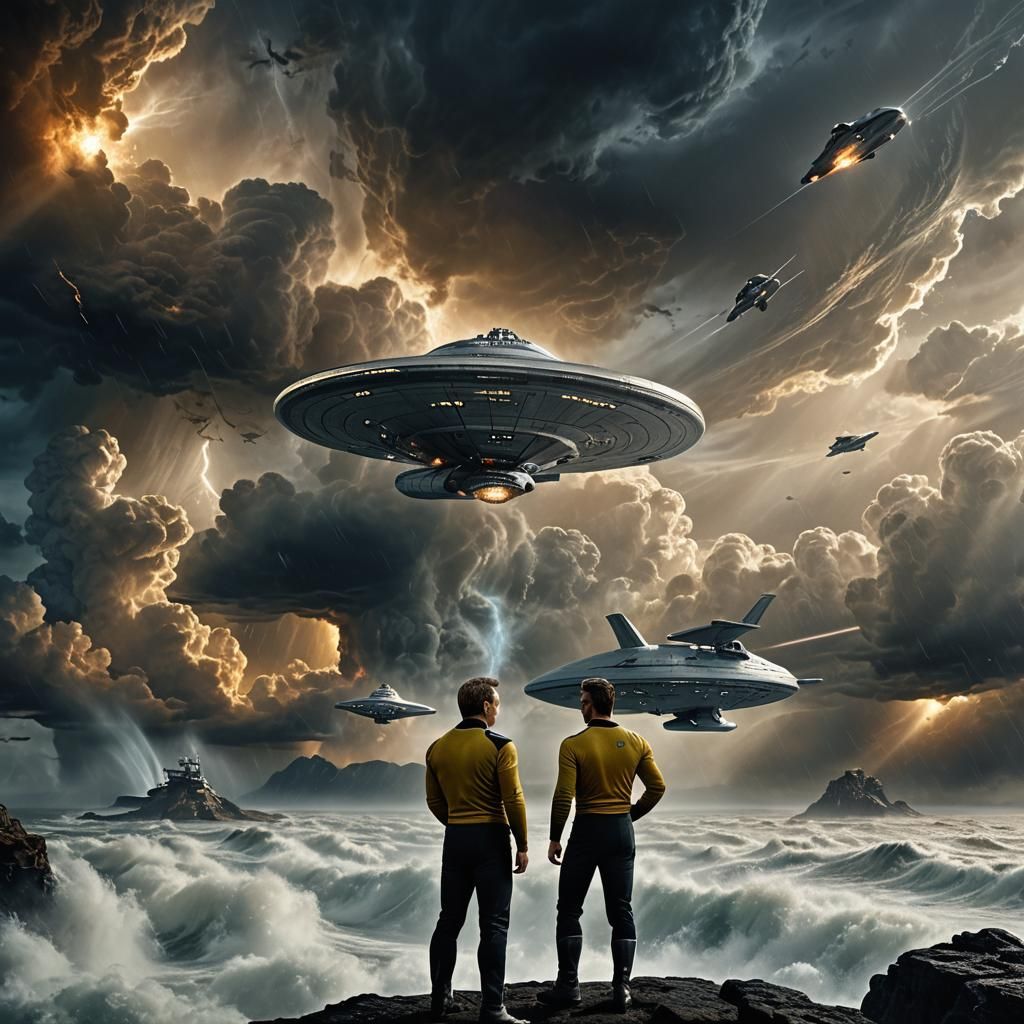 Captain Kirk Heroic Film Still in Cinematic Style