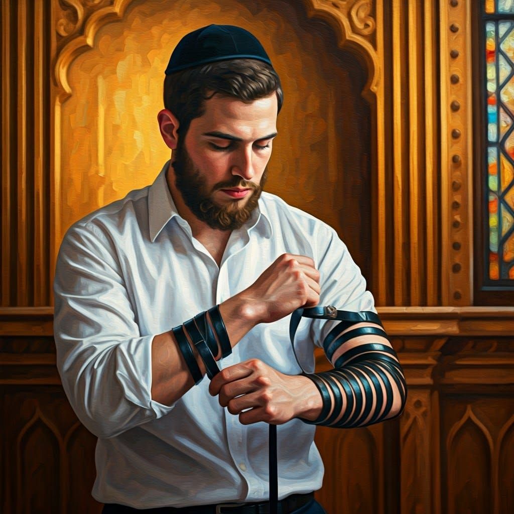 Young Man Wrapping Tefillin in Synagogue: École de Paris Sty...