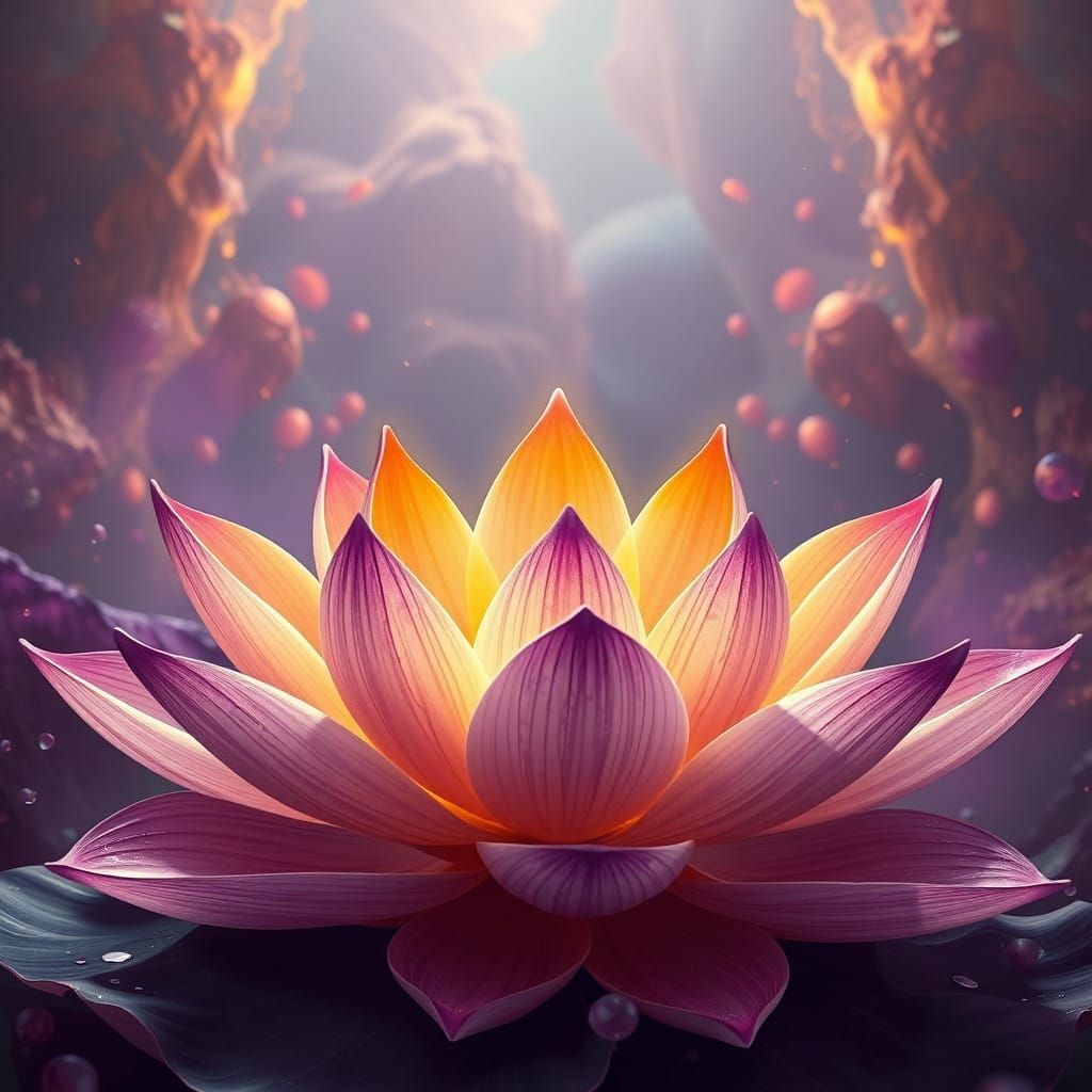 Vibrant Amethyst and Marigold Lotus Blooms in Fantastical De...