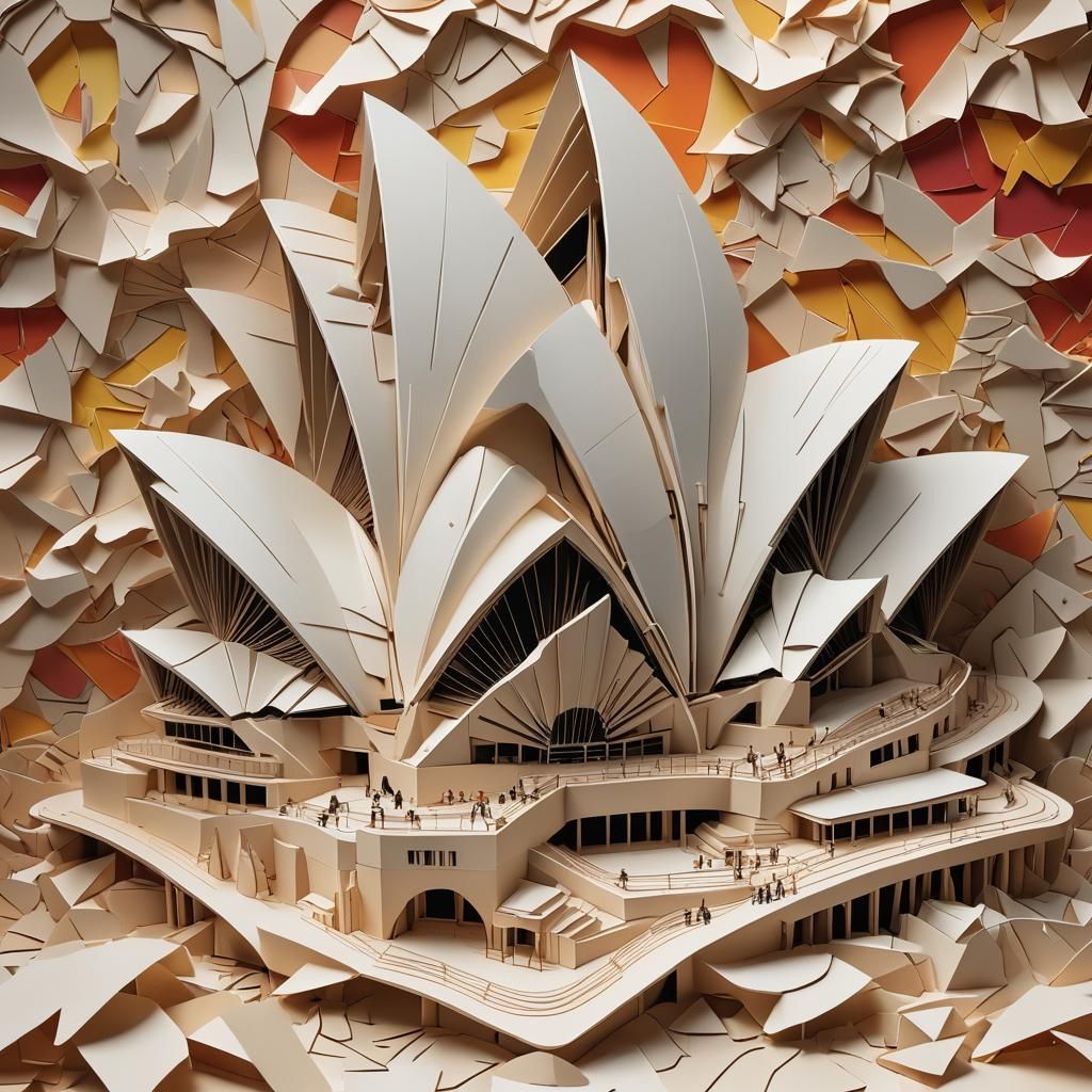 Kirigami Sydney Opera House in Splash Art Style
