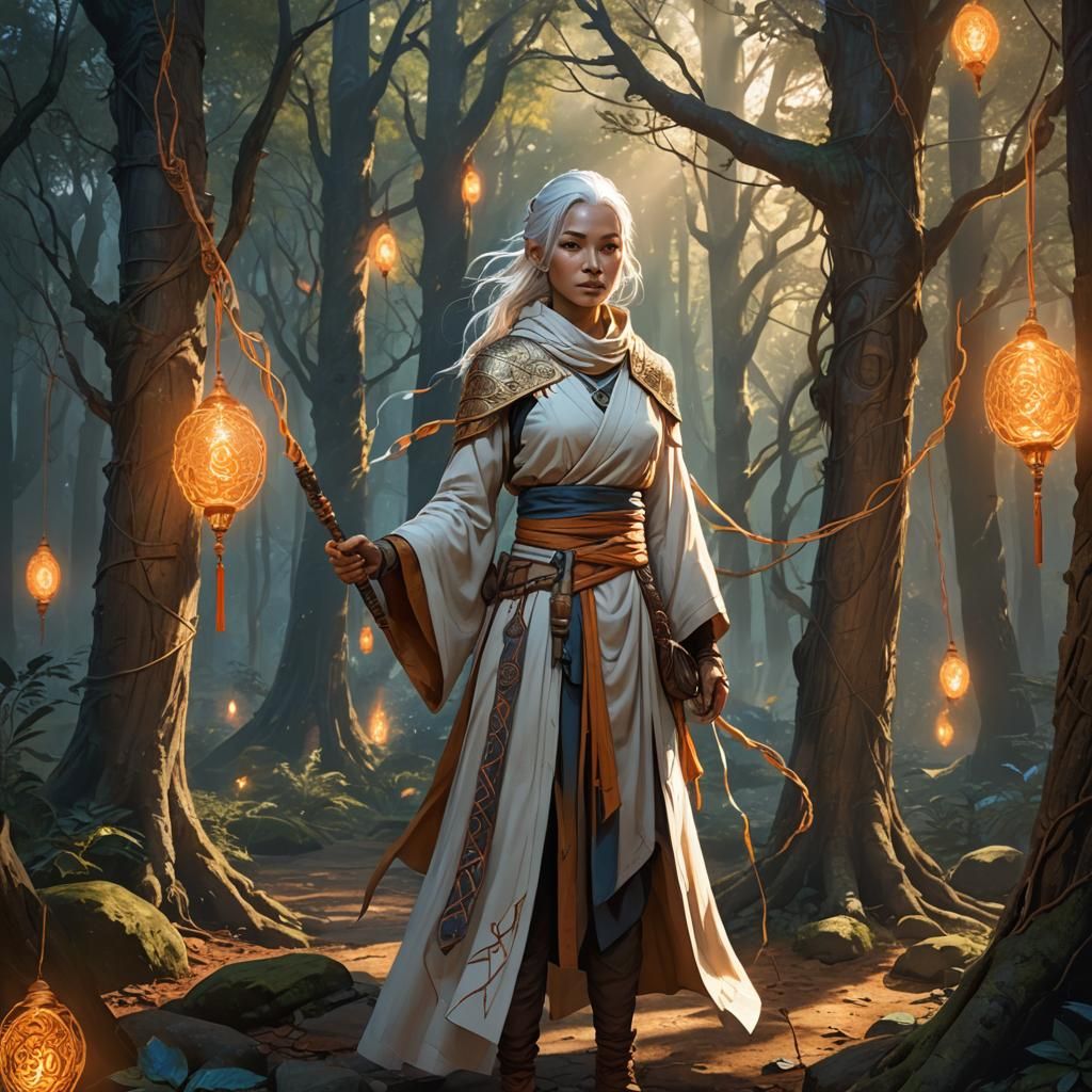 Mystical Forest Monk with Glowing Totems