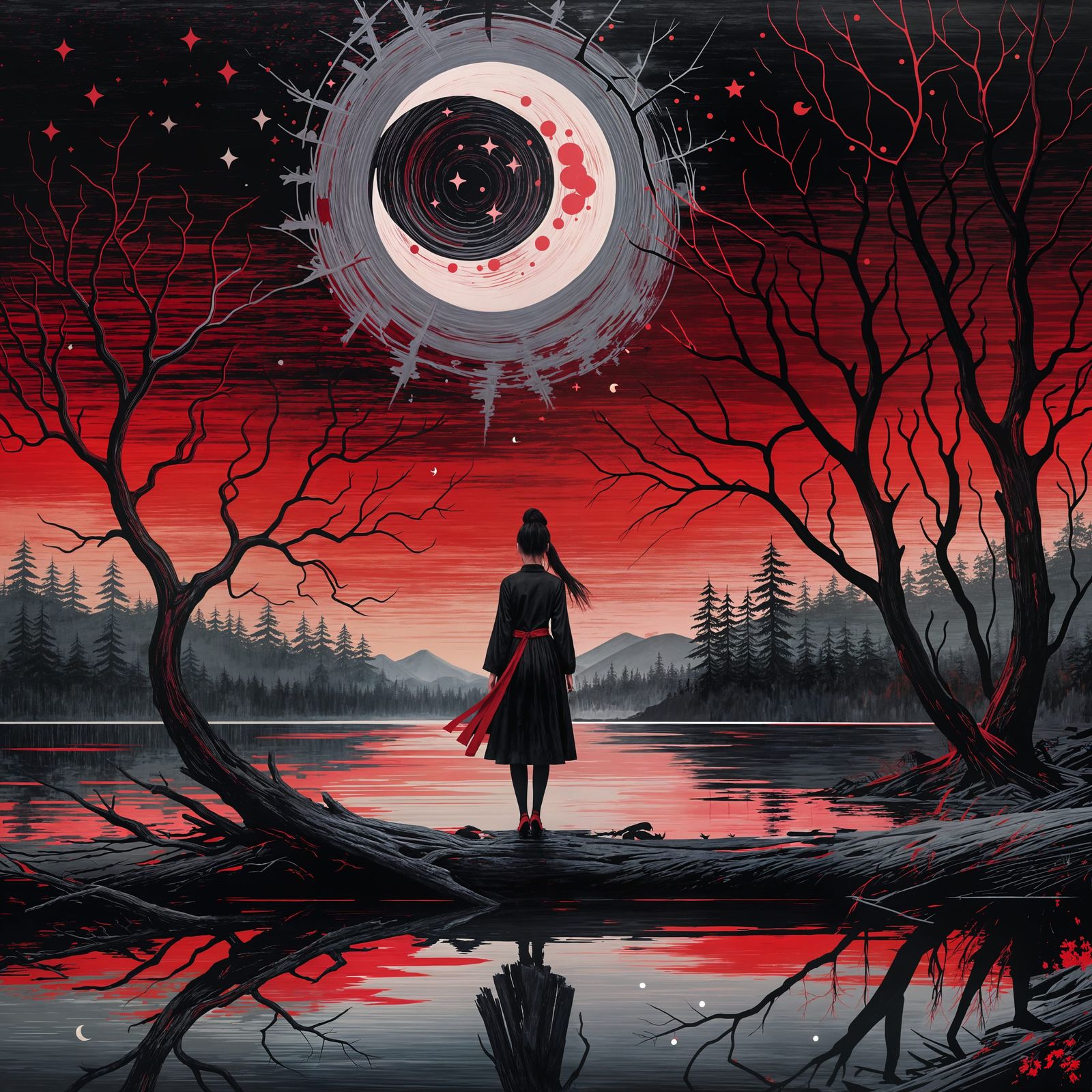 Silhouette Gazing at Moon in East Asian Style