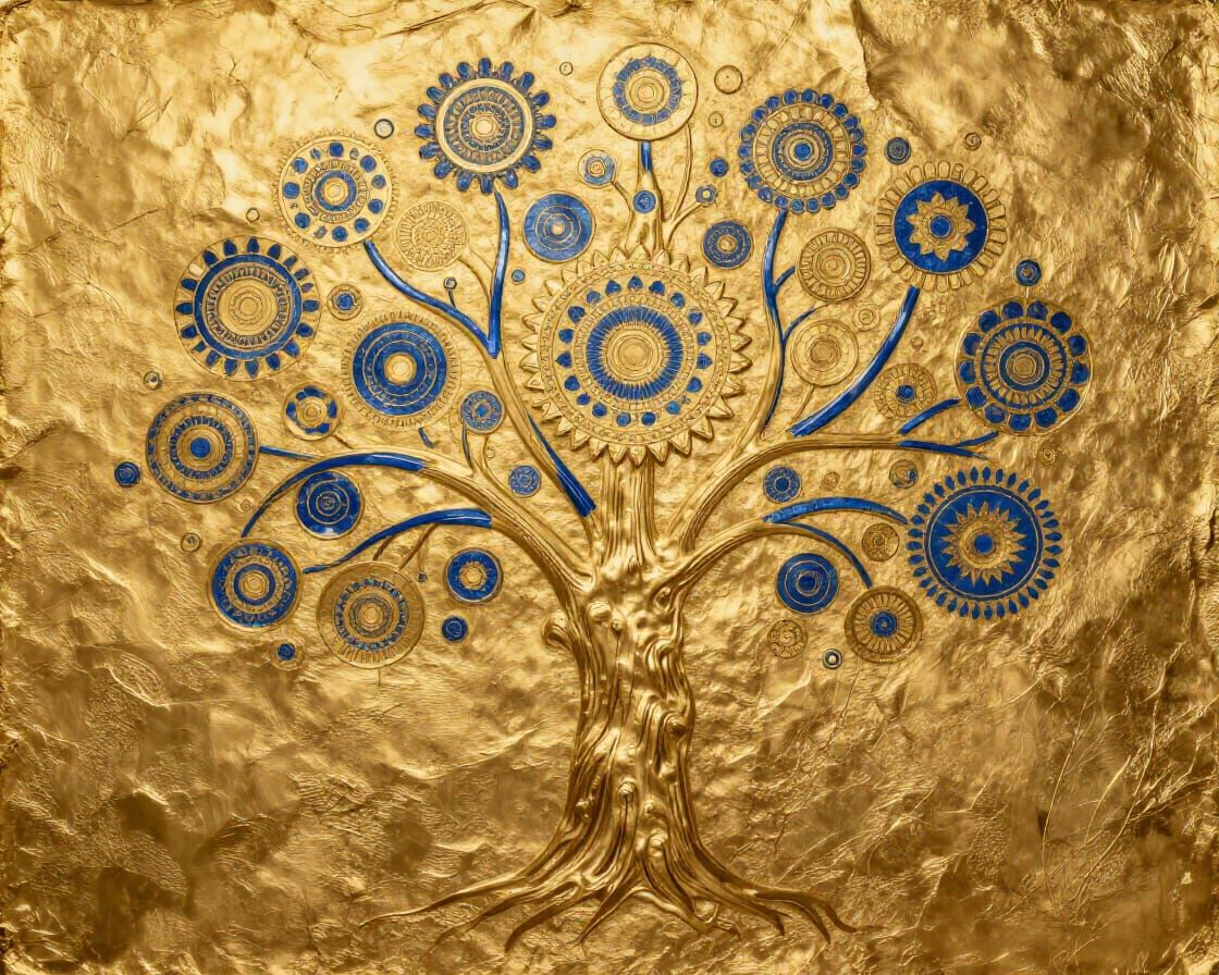 Abstract Gold and Blue Tree with Mandala Details