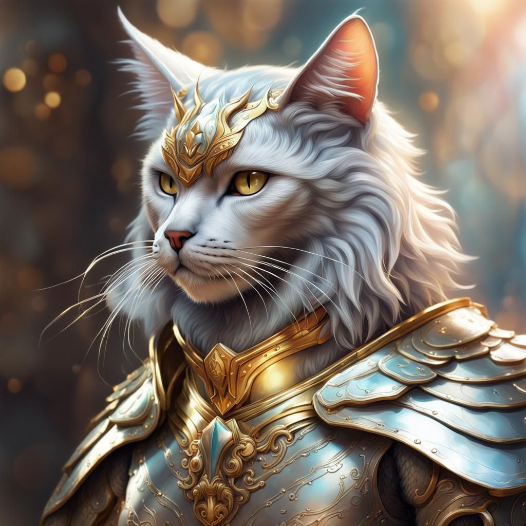 Armored Silver Cat with Wings: Hyperrealistic Concept Art