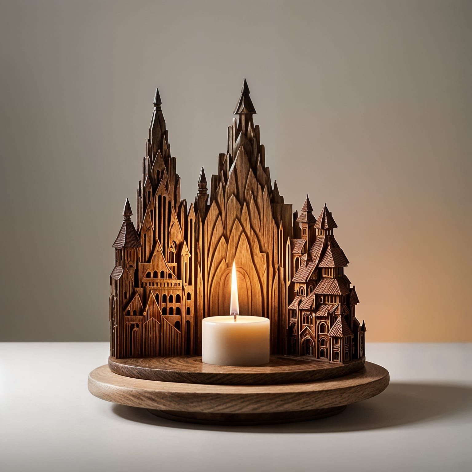 Wooden Mountain Castle Sculpture with Fire and Fantastical C...