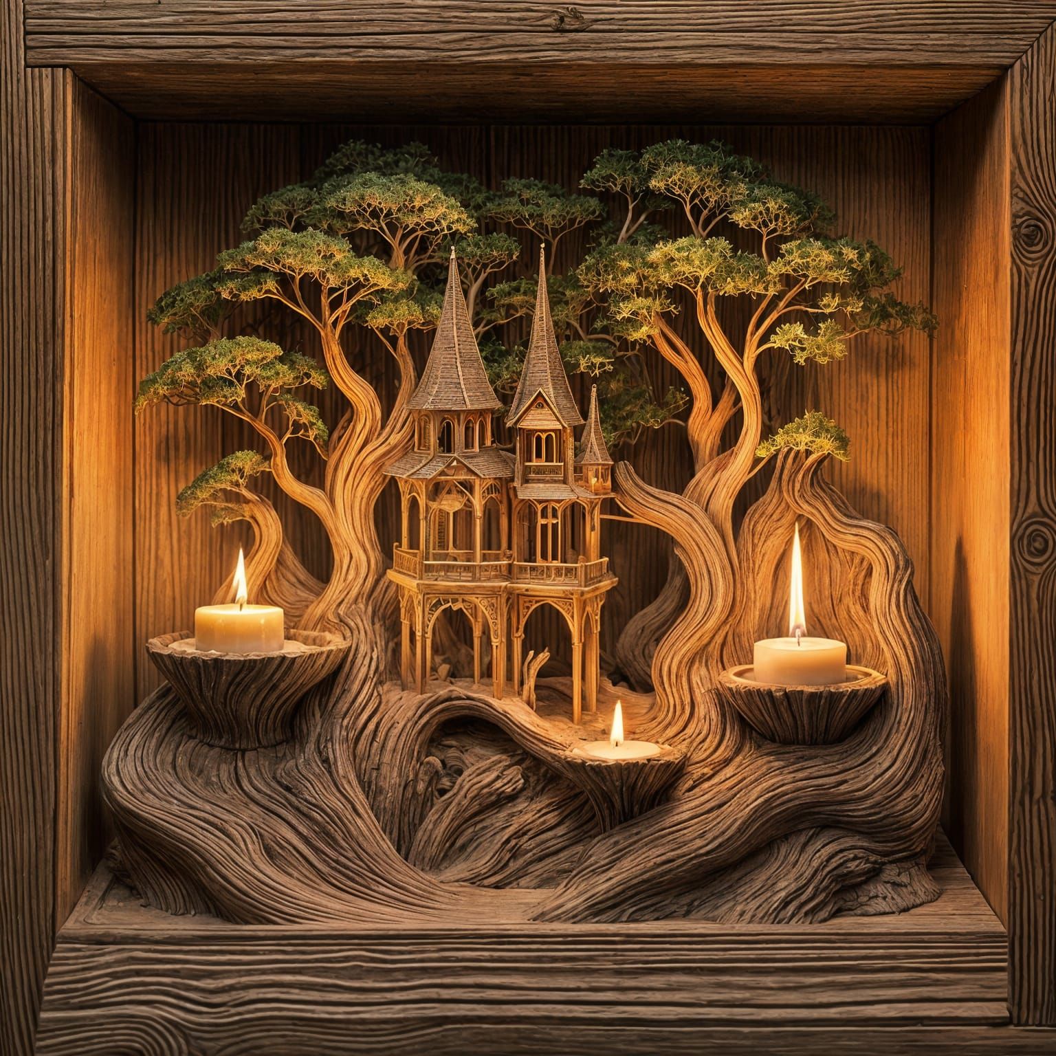 Surreal Wooden Castle Sculpture in Polished Wood