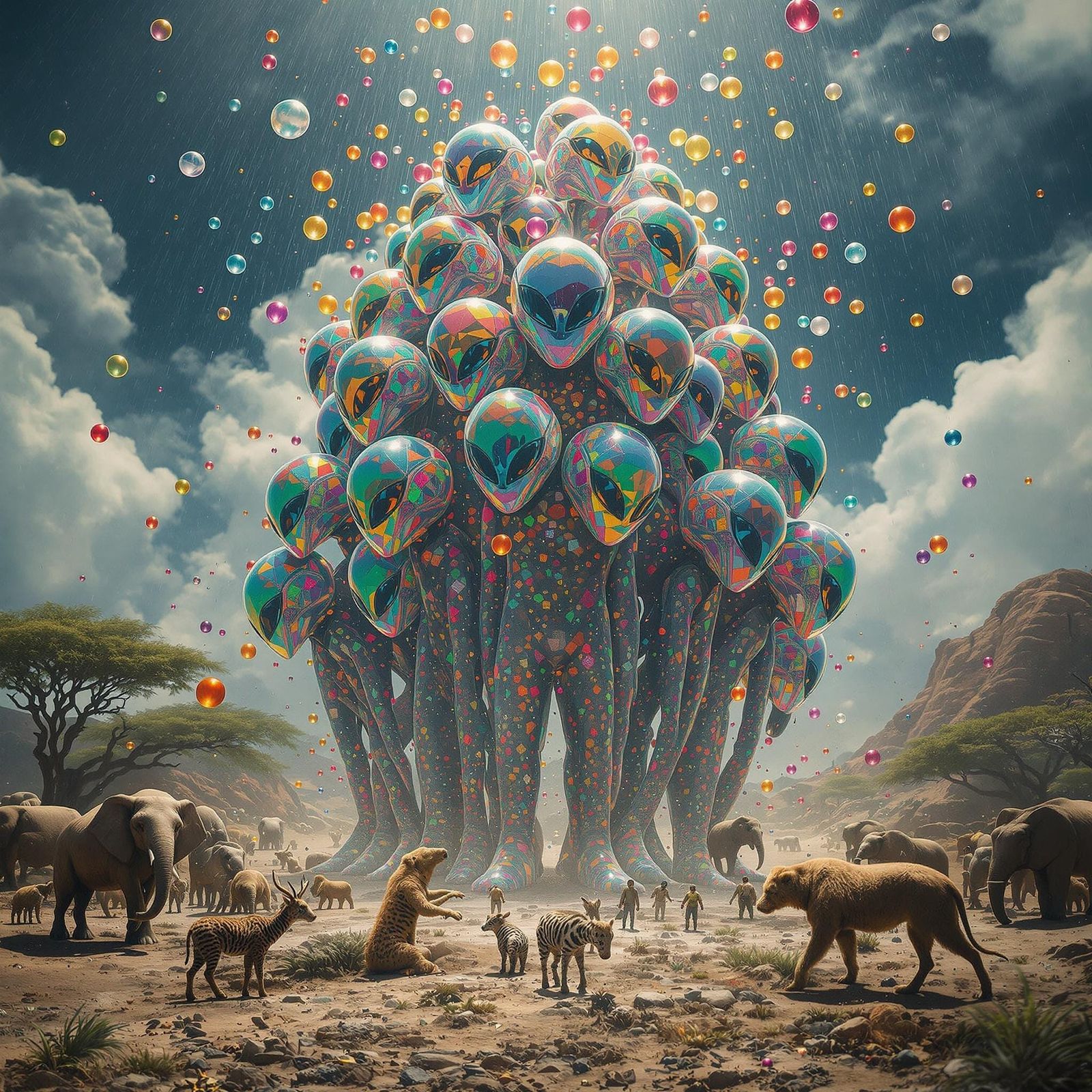 Psychedelic Alien Throng Dancing in Glass Ball Rain