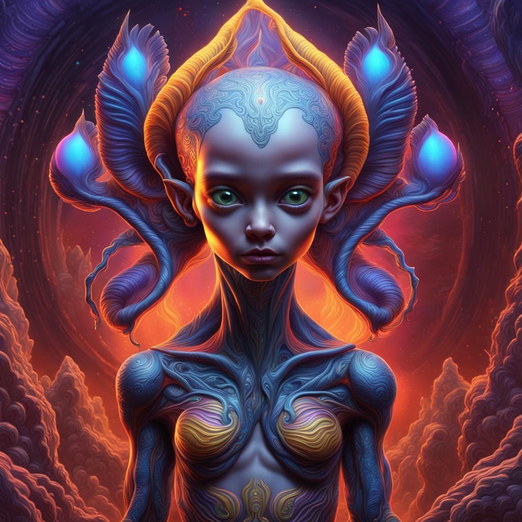 Baby Alien with Neon Iris, Detailed Matte Painting