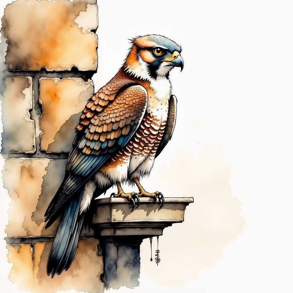 Falcon on Ledge in Watercolor Fantasy Style