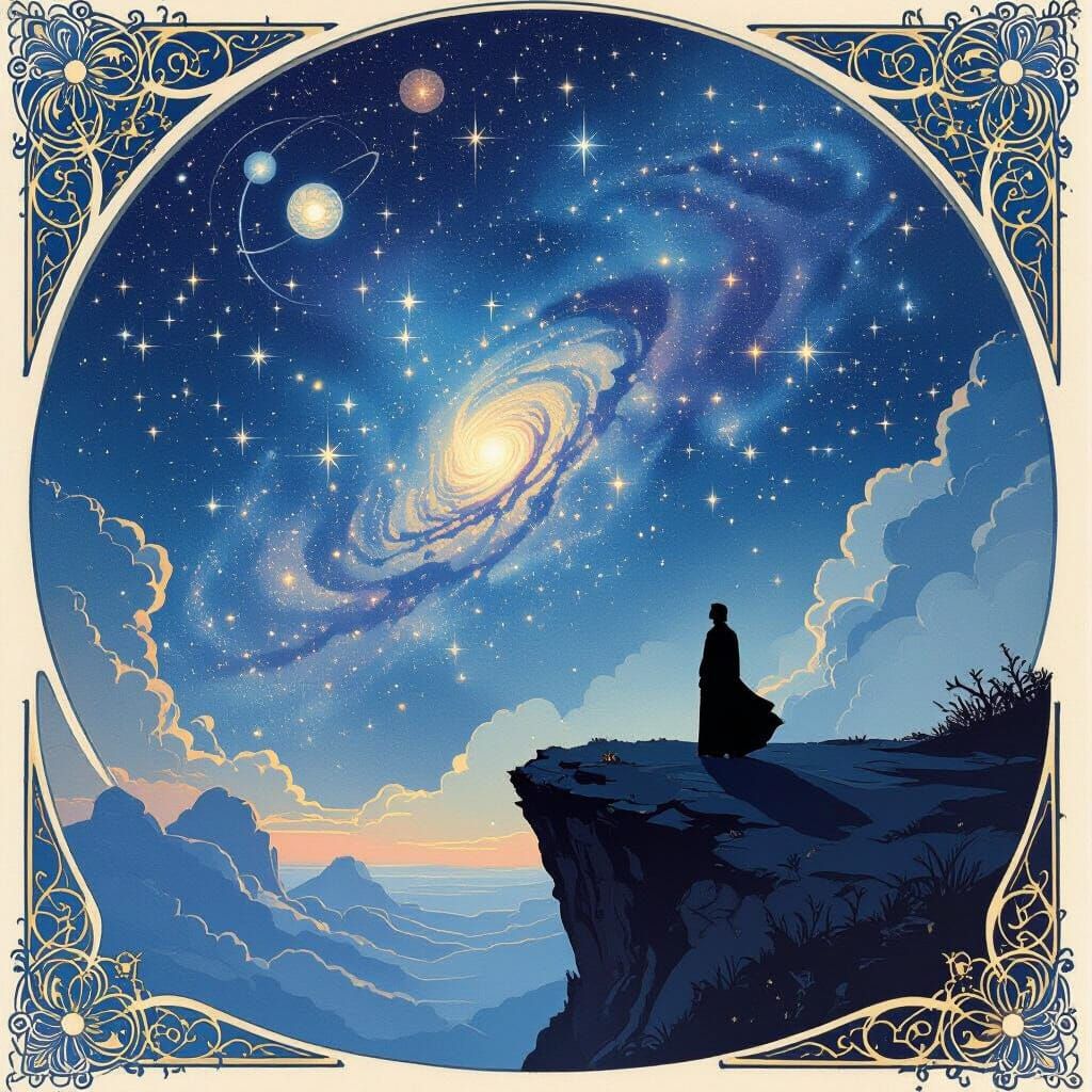 Art Nouveau Figure Gazes at Cosmic Nebula