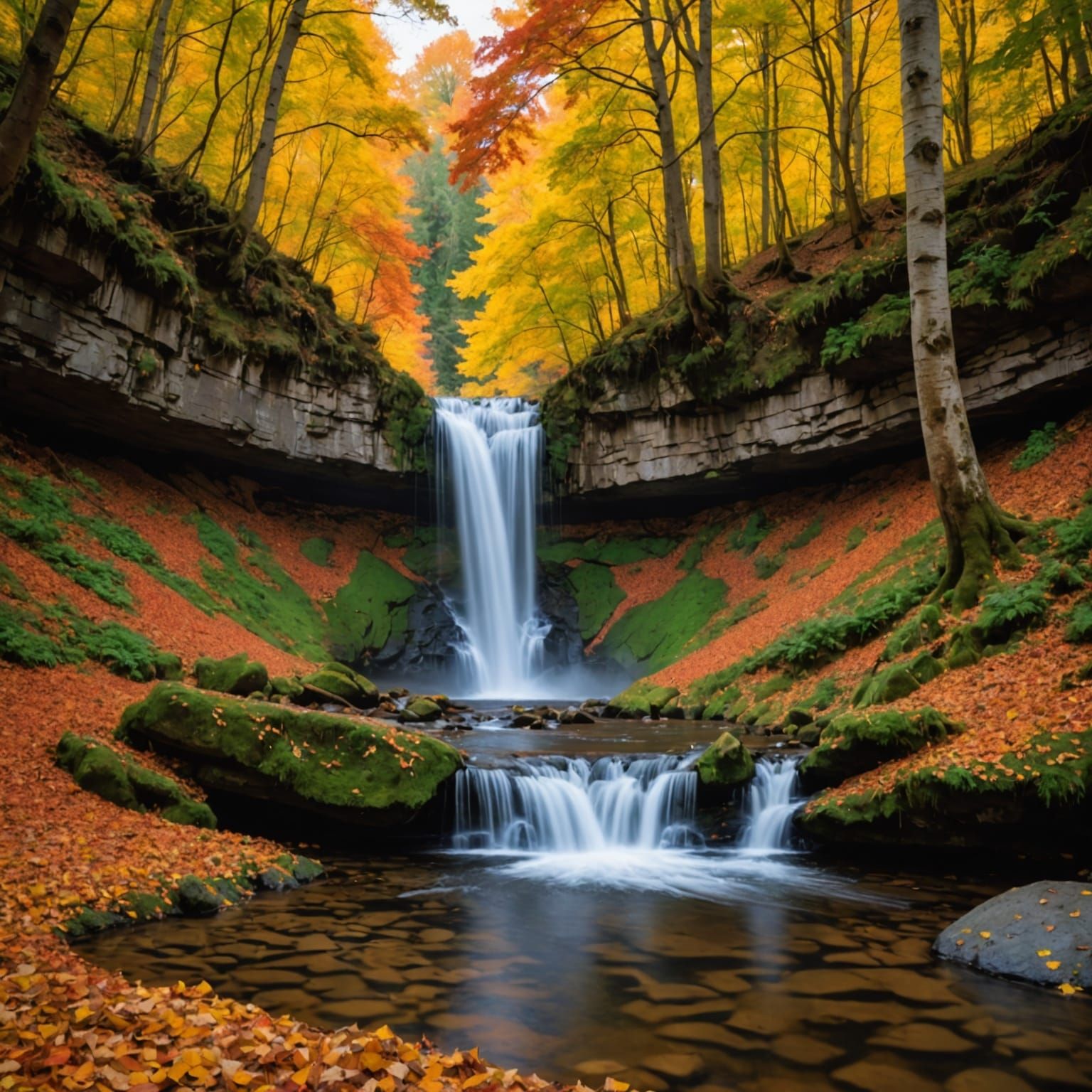 Hidden Waterfall Amidst Glowing Autumn Leaves