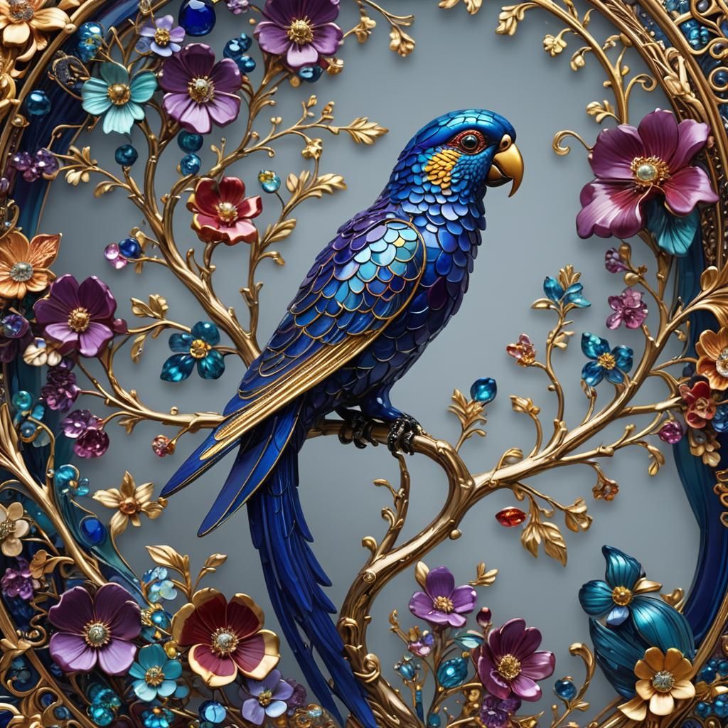 Jeweled Glass Parrot on Blossoming Branch