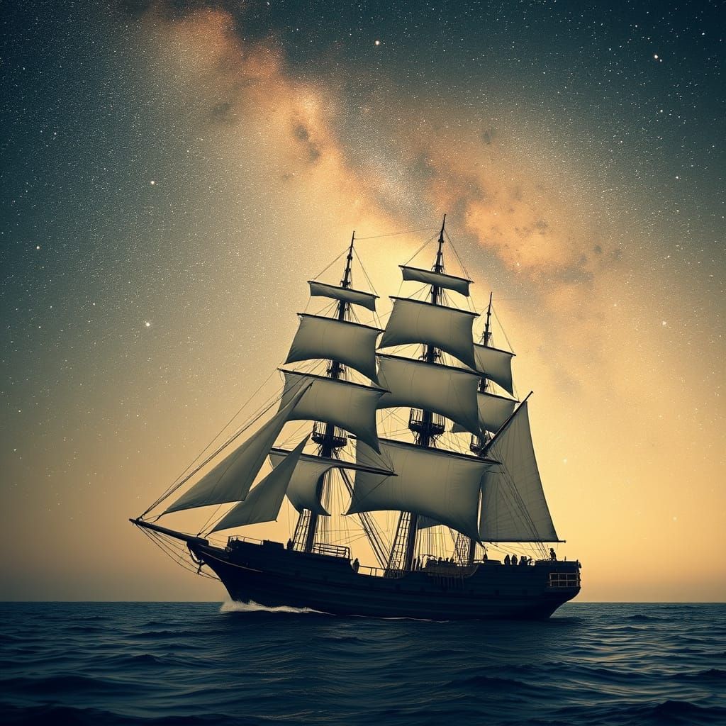 Vintage Ship Navigates Starry Skies: Sepia Photograph