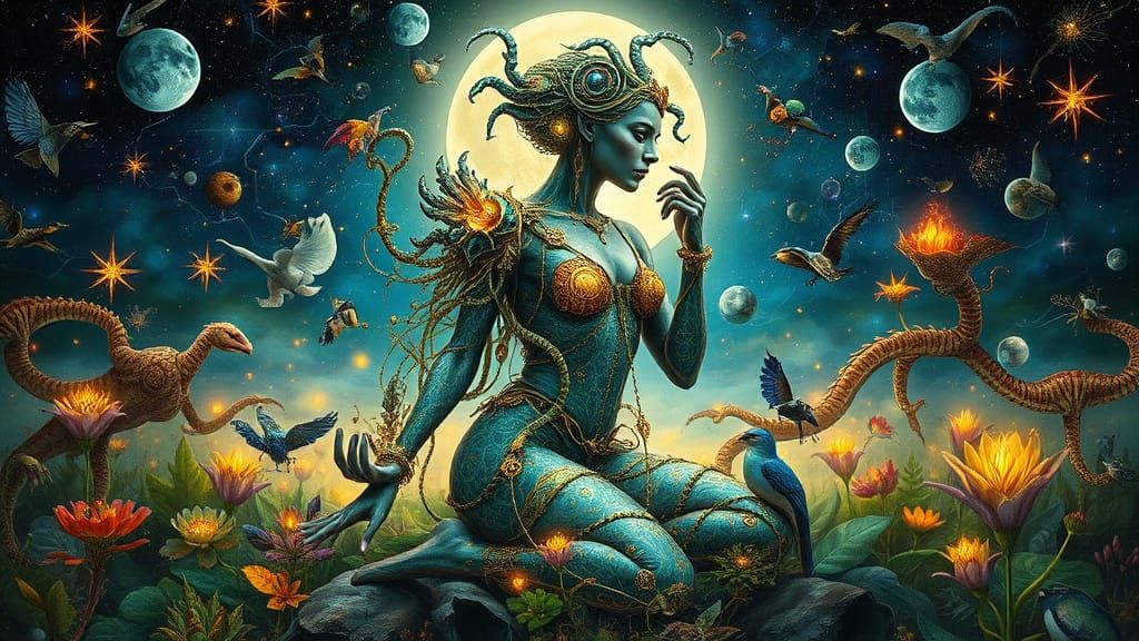 Surreal Goddess Unites Earth, Moon, and Seasons in Dreamlike...