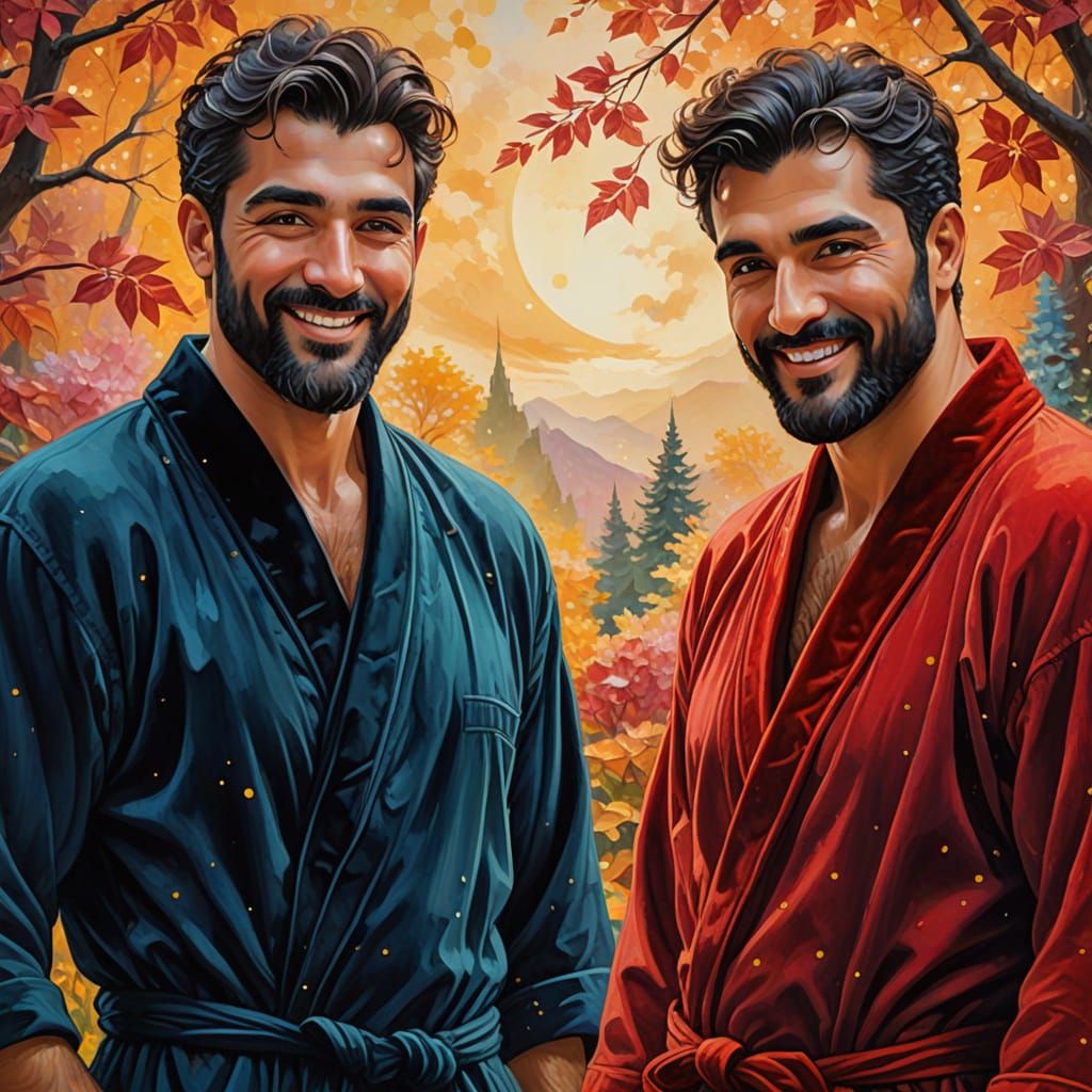 Smiling Men in Bathrobes: Neo-Impressionist Portrait