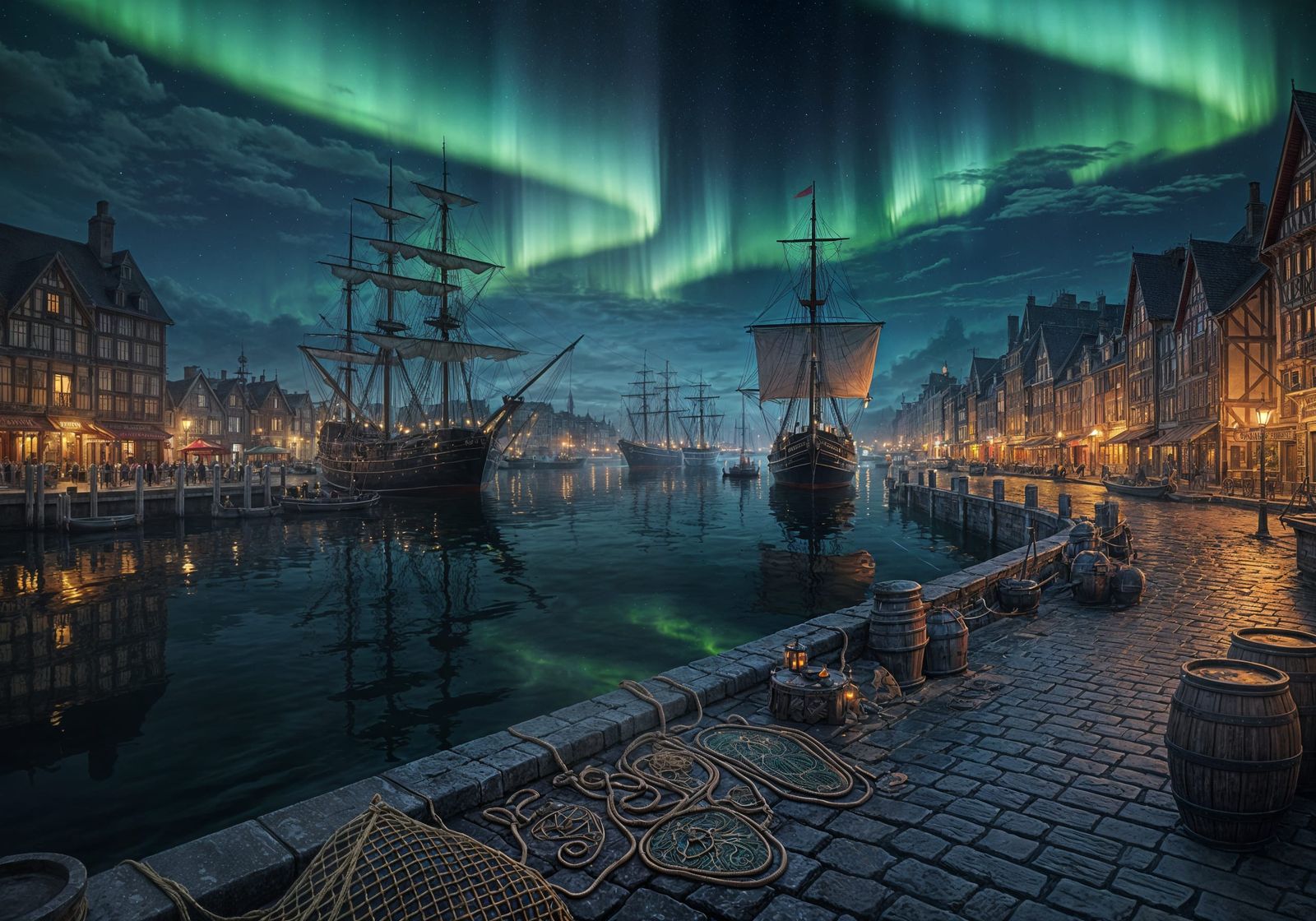 Epic Medieval Harbour Under Aurora Borealis