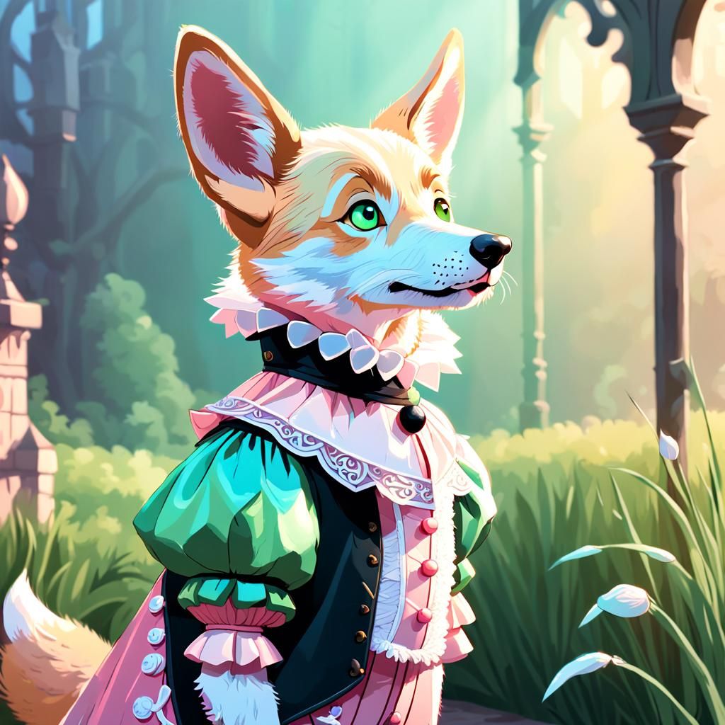 Pink Dingo in Elizabethan Ruff, Whimsical Cartoon Art