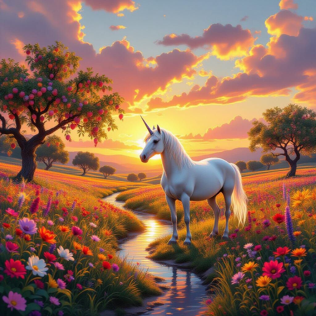 Majestic Unicorn at Sunset with Fluorescent Flowers