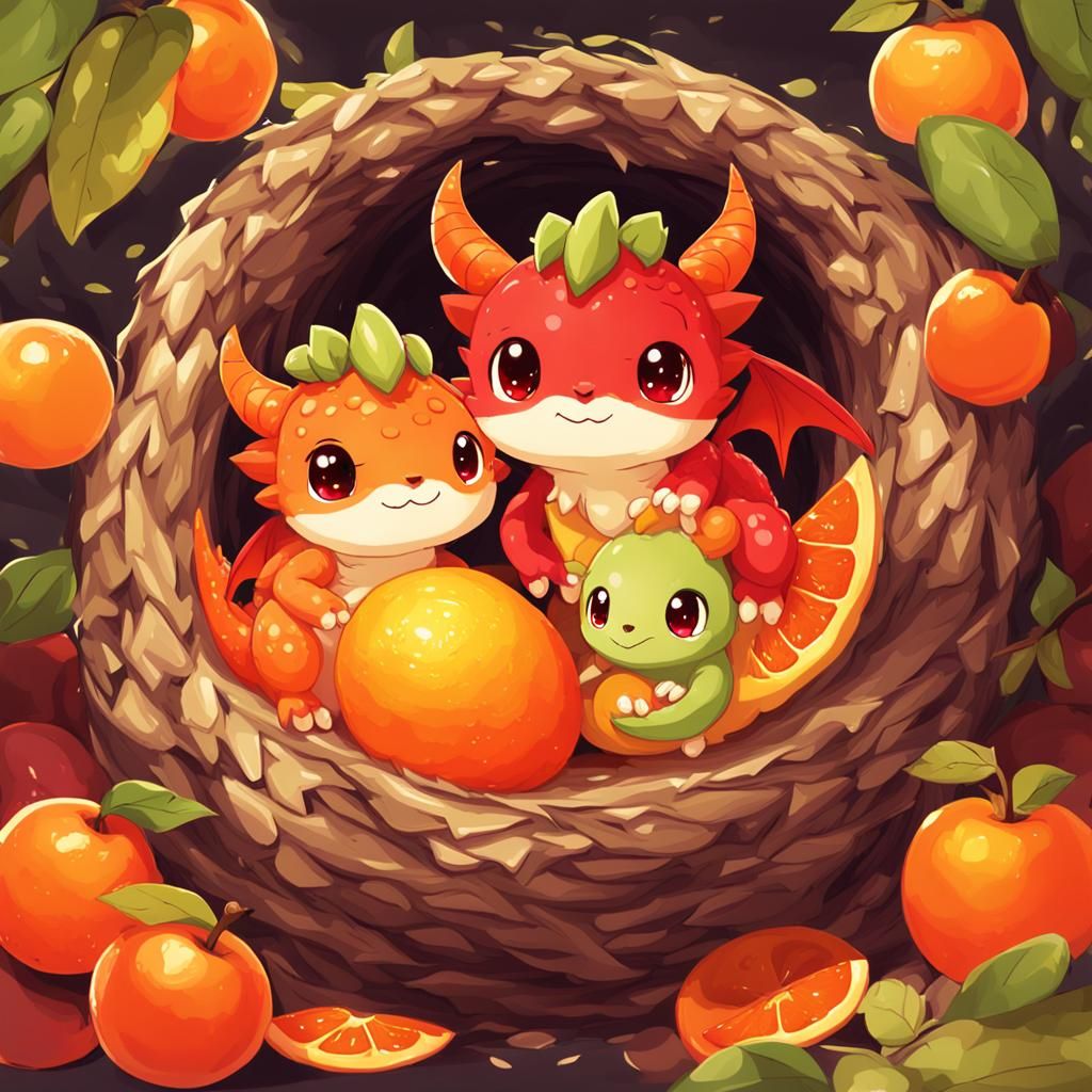 Kawaii Fruit Dragons in Anime Style
