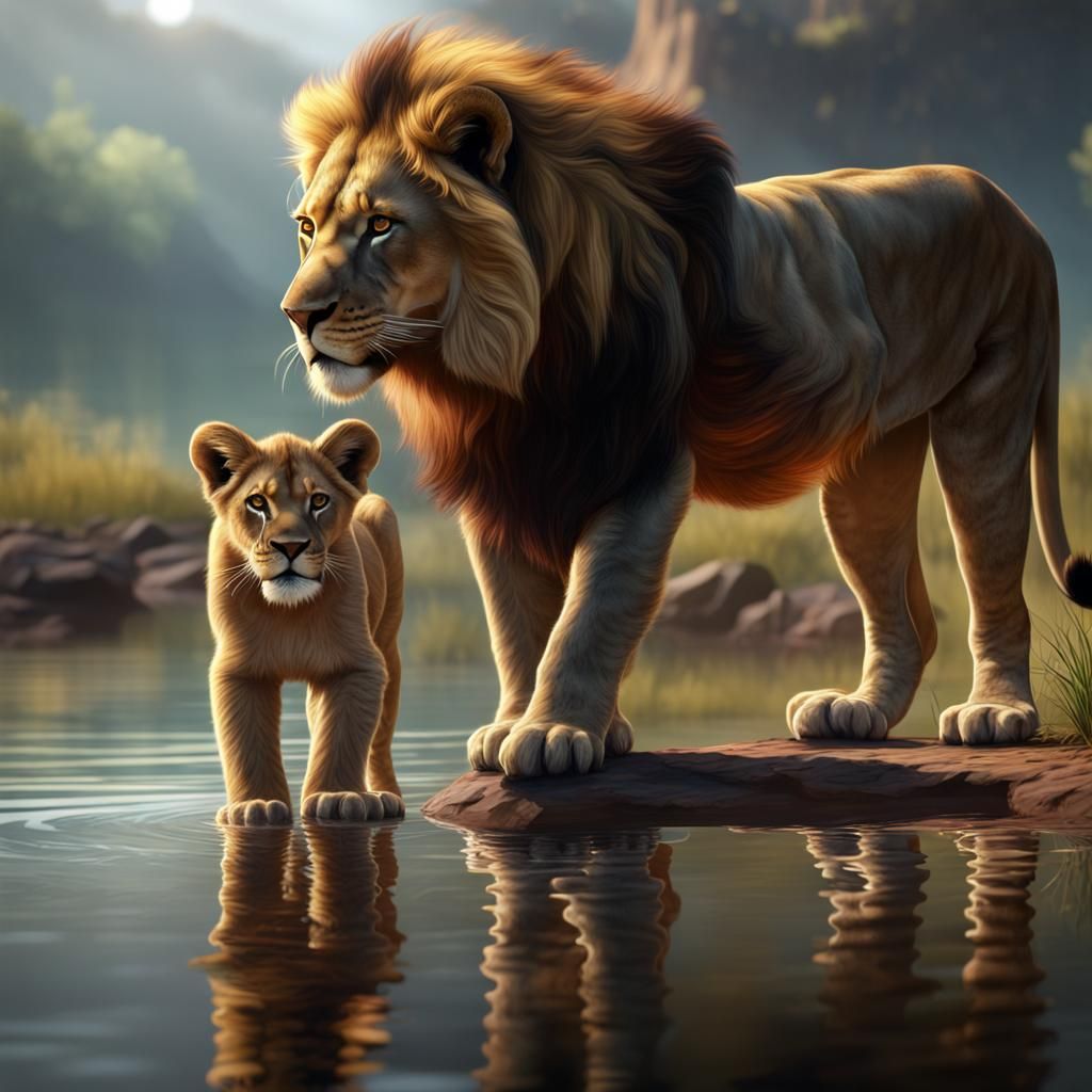 Lion Cub's Reflection: A Fantastical Concept Art