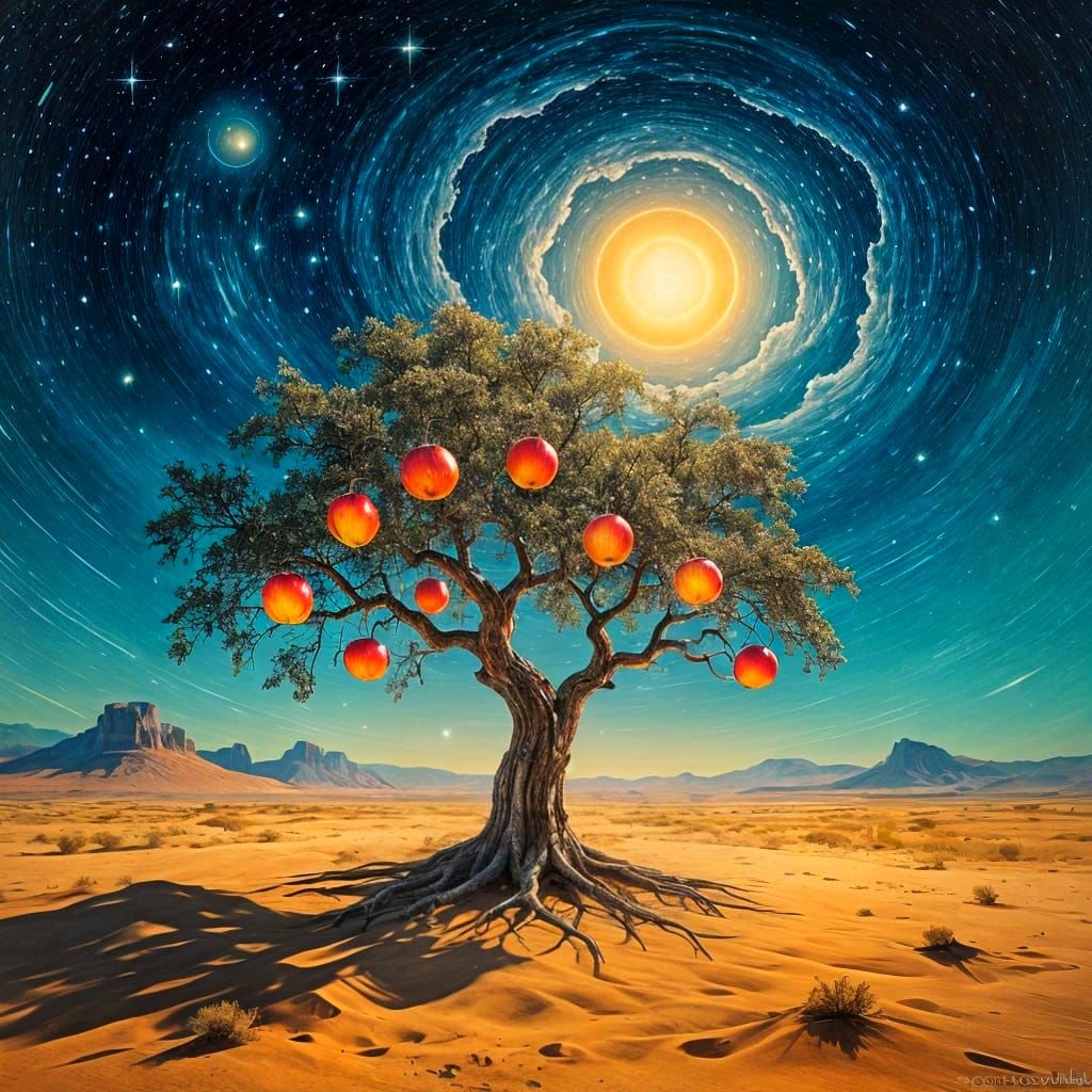 Ancient Tree with Crystal Apples Under Nebula Sky