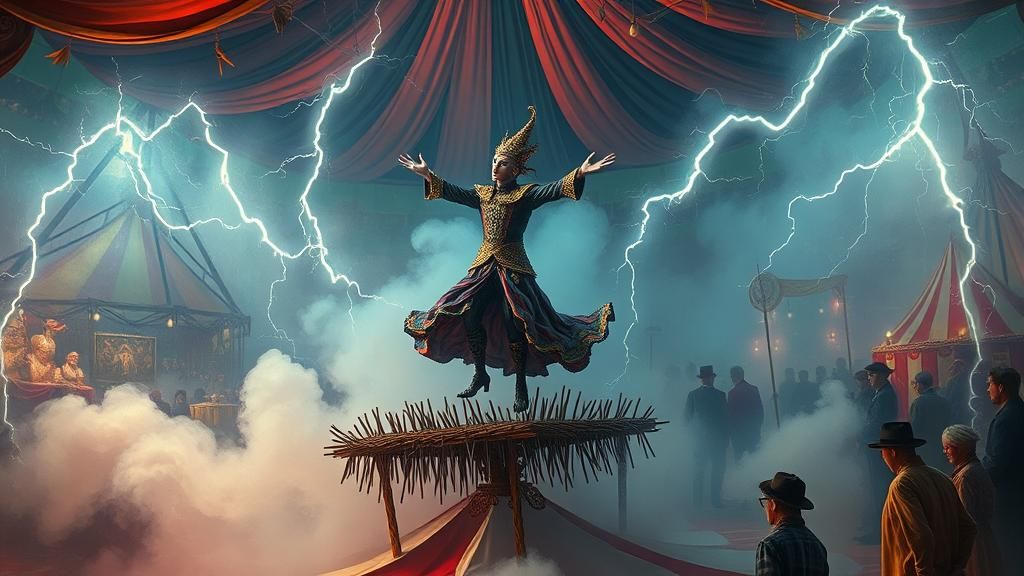 Surreal Circus Ringmaster Balances on Bed of Nails