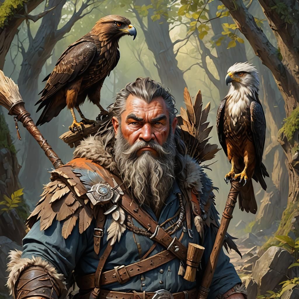 Feral Druid Dwarf Portrait with Hawk and Staff