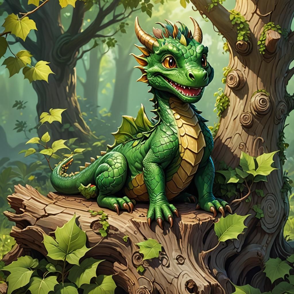 Cute Green Dragon Cartoon Illustration in 4K
