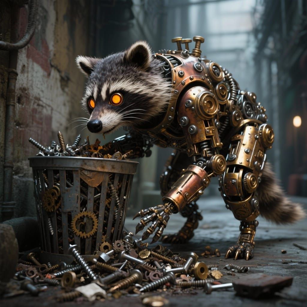 Steampunk Raccoon Scavenger in Grimy Alleyway