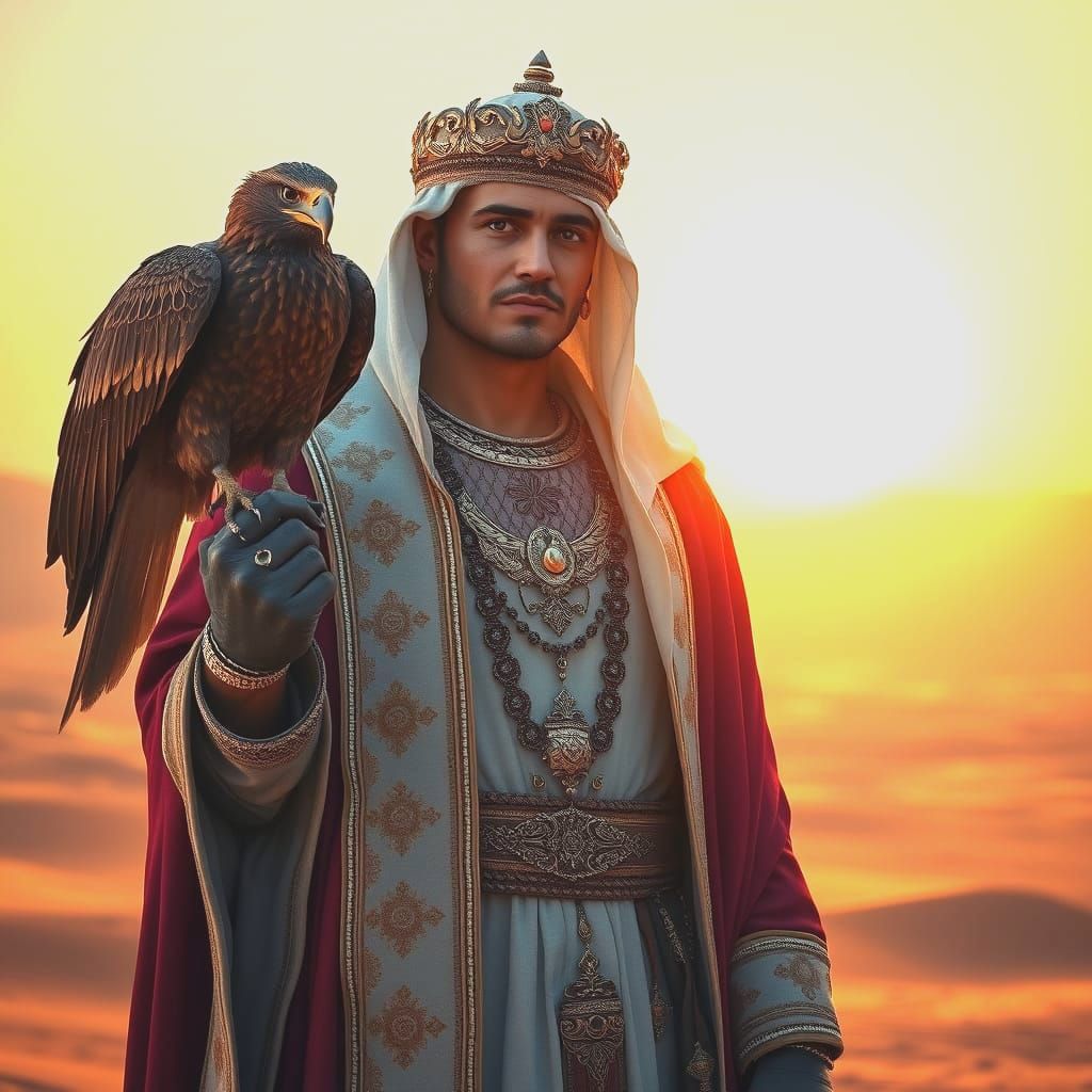 Arabian Prince with Eagle in Desert Landscape