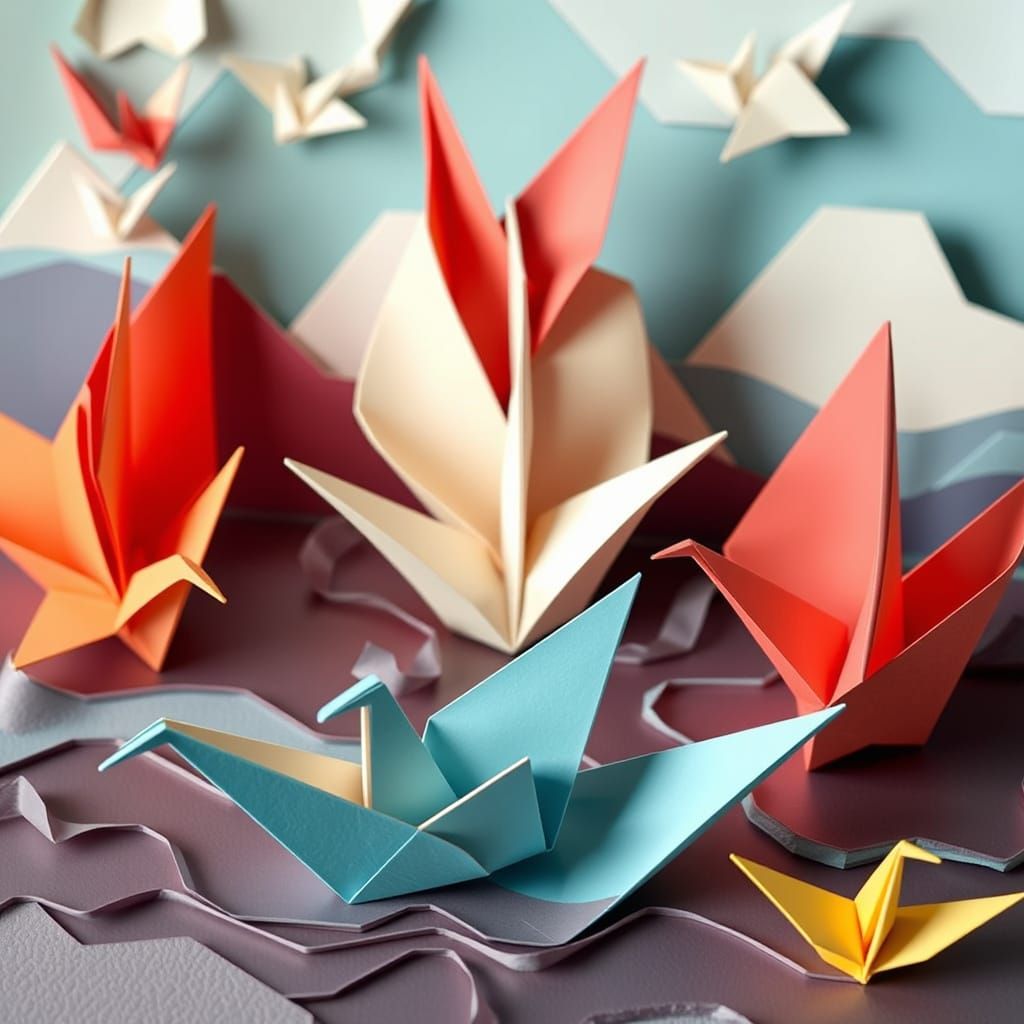 Vibrant Origami Cranes and Boats in Geometric Patterns