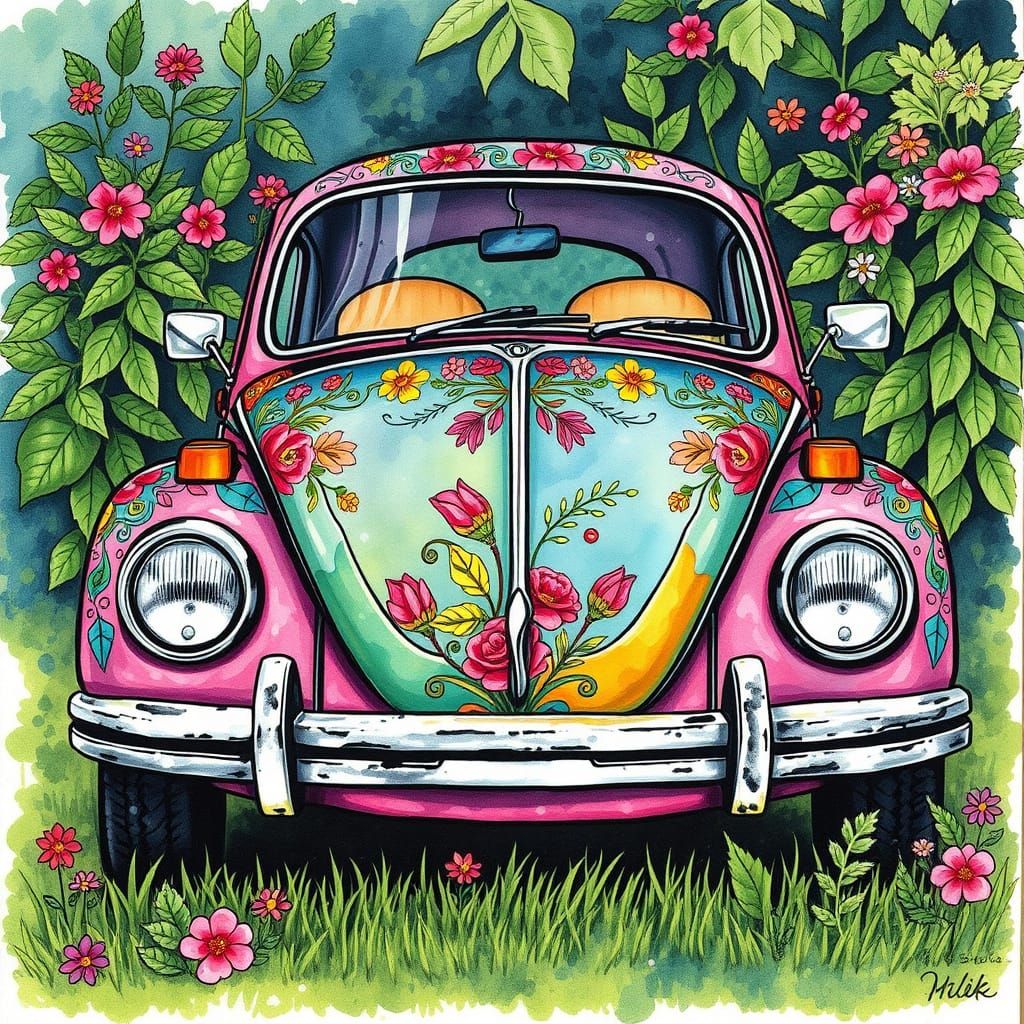 Psychedelic 1970s VW Beetle with Floral Design