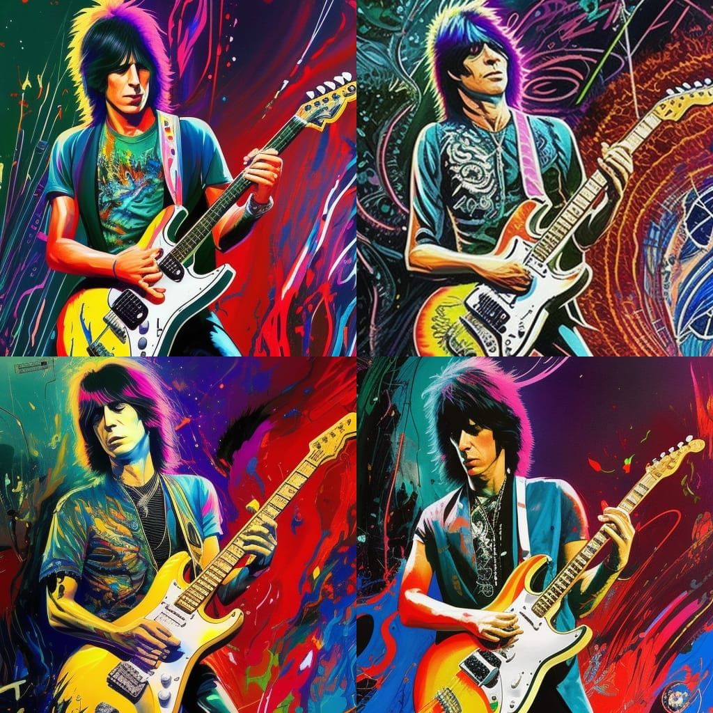 Jeff Beck Guitar Art in Psychedelic Neon Ink