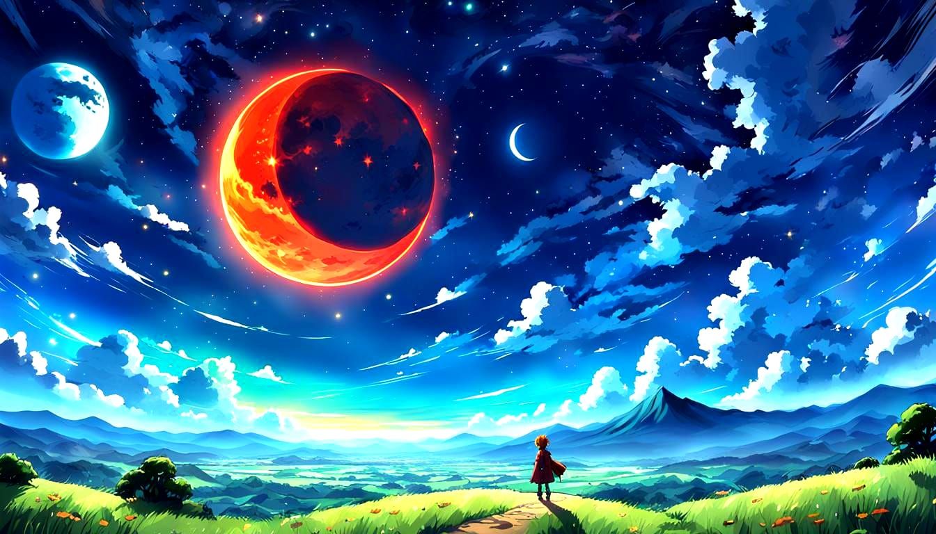 Dual Celestial Bodies in Anime Style Galaxy