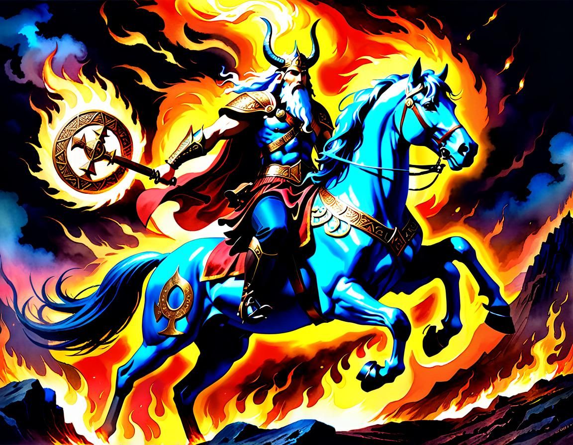 Odin on Sleipnir in Watercolor Style