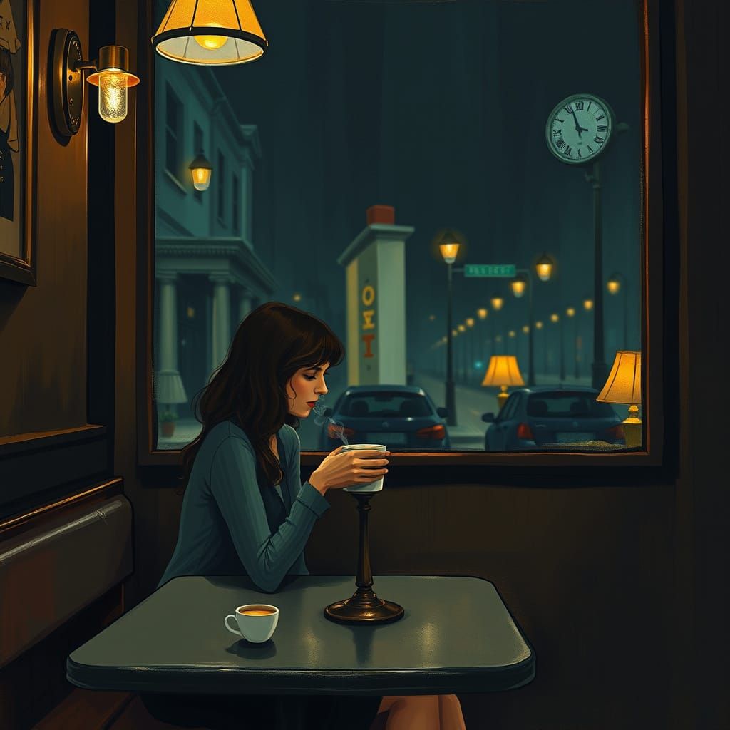 Whiskey-Eyed Woman Lost in Night Cafe