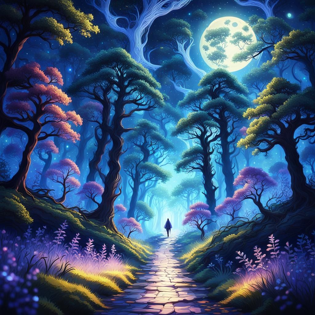 Lone Traveler Embarks on a Moonlit Journey Through Ancient F...