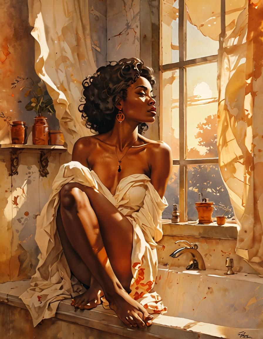 Young black woman sitting on the bathroom window sill. She watches the sun rise through the window. Painting by Frank Fr...